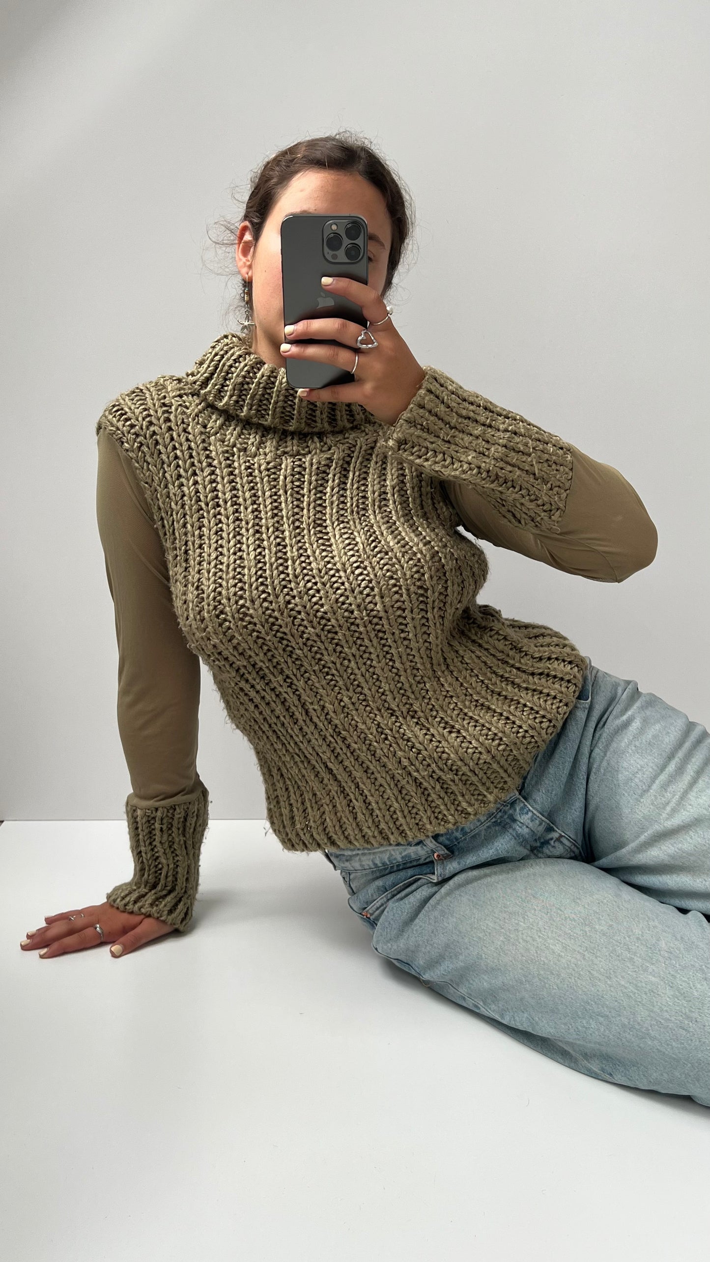 00s chunky knit khaki mesh jumper- size L