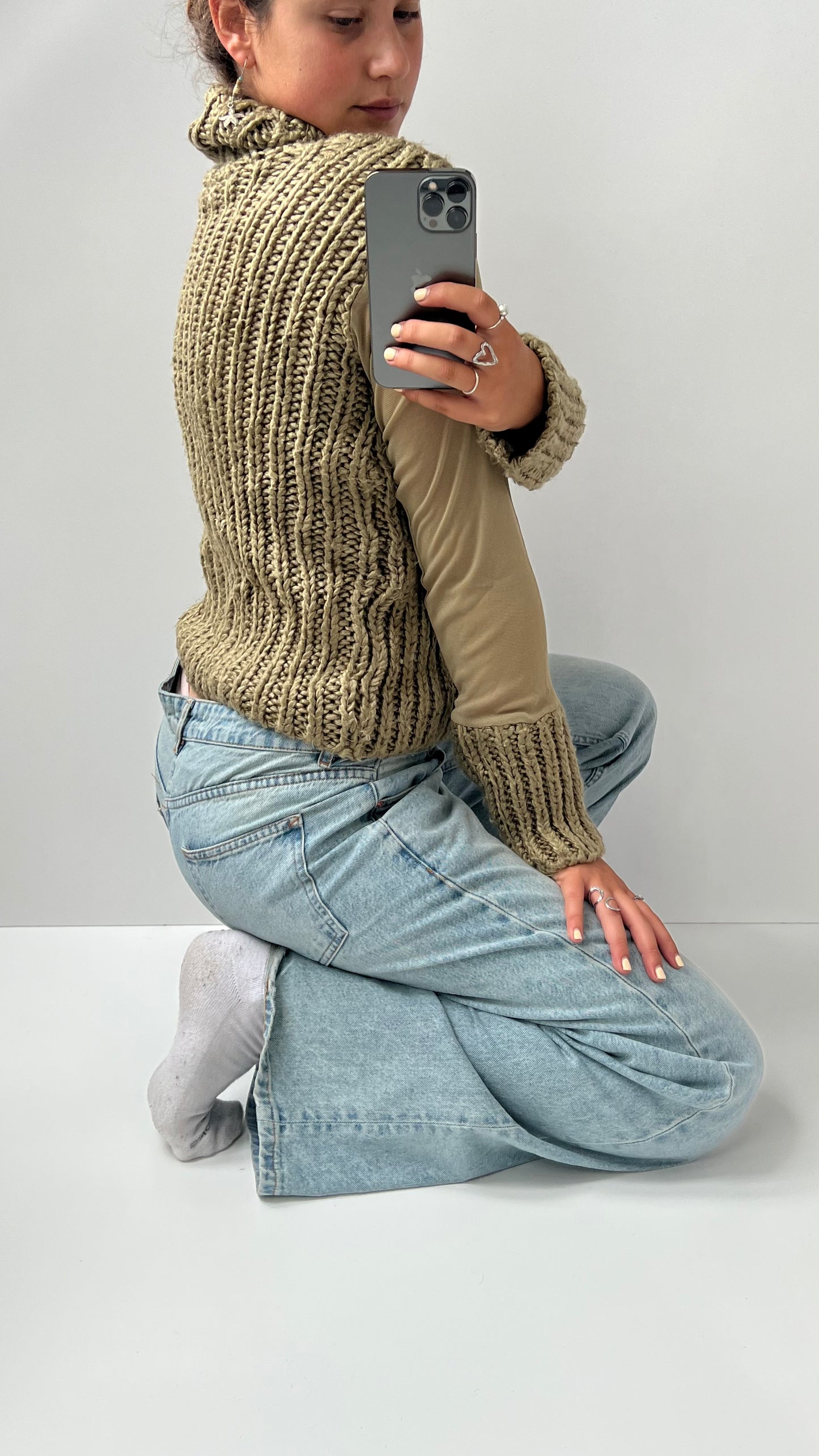 00s chunky knit khaki mesh jumper- size L