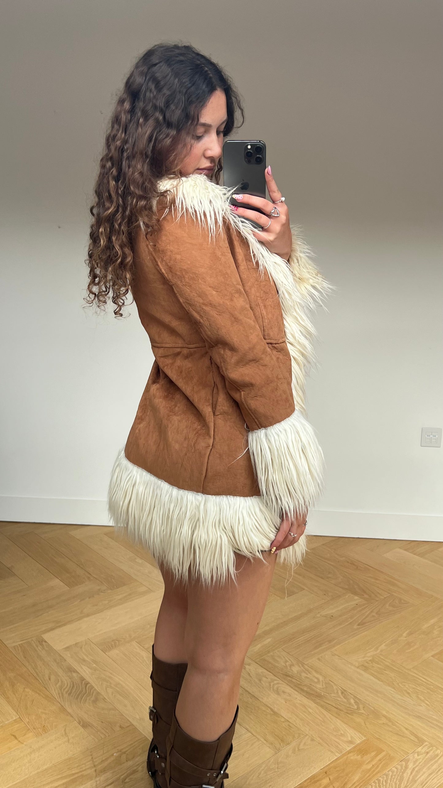 00s brown white afghan coat- size S