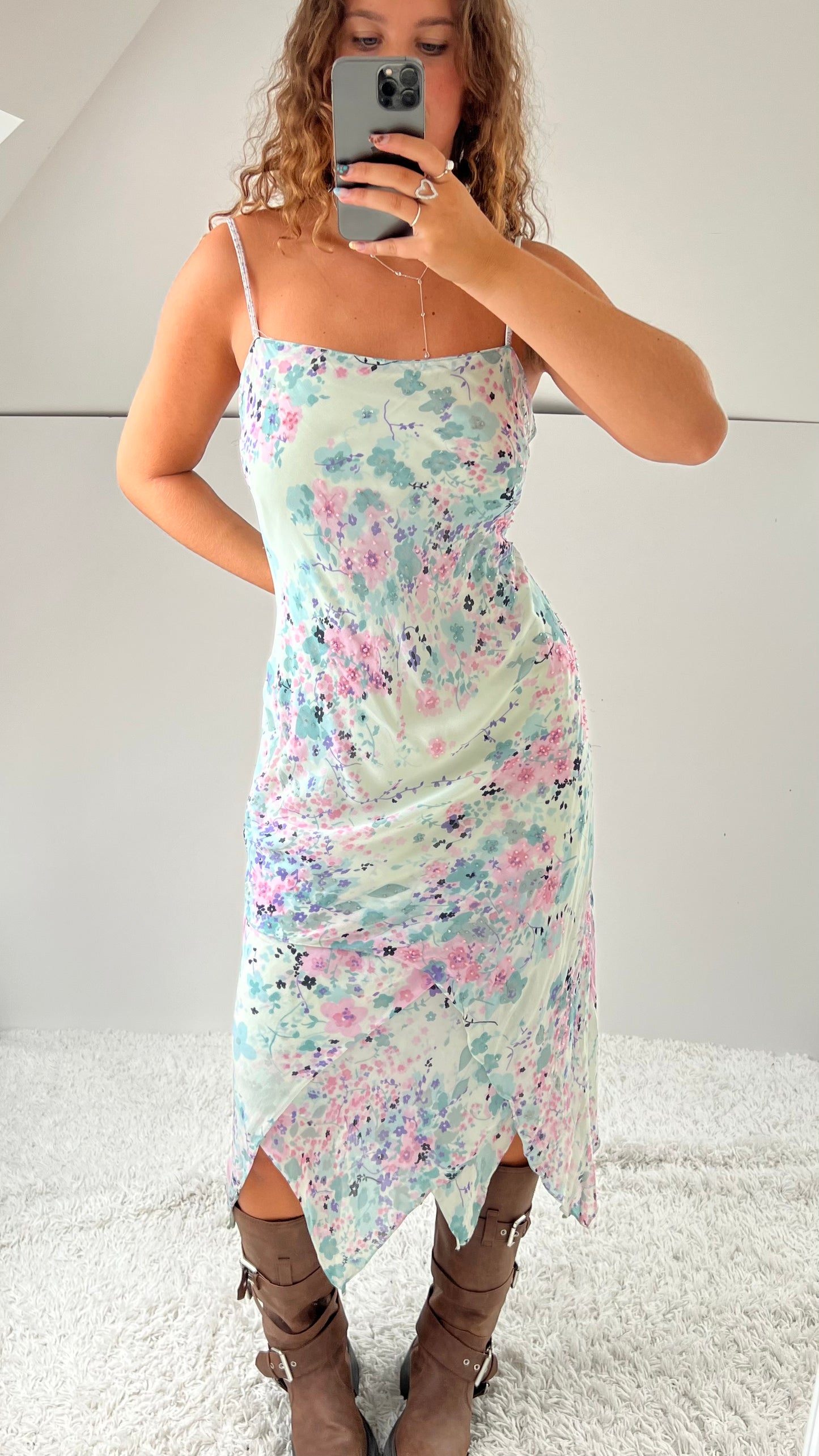 00s blue mesh floral maxi dress- size XL