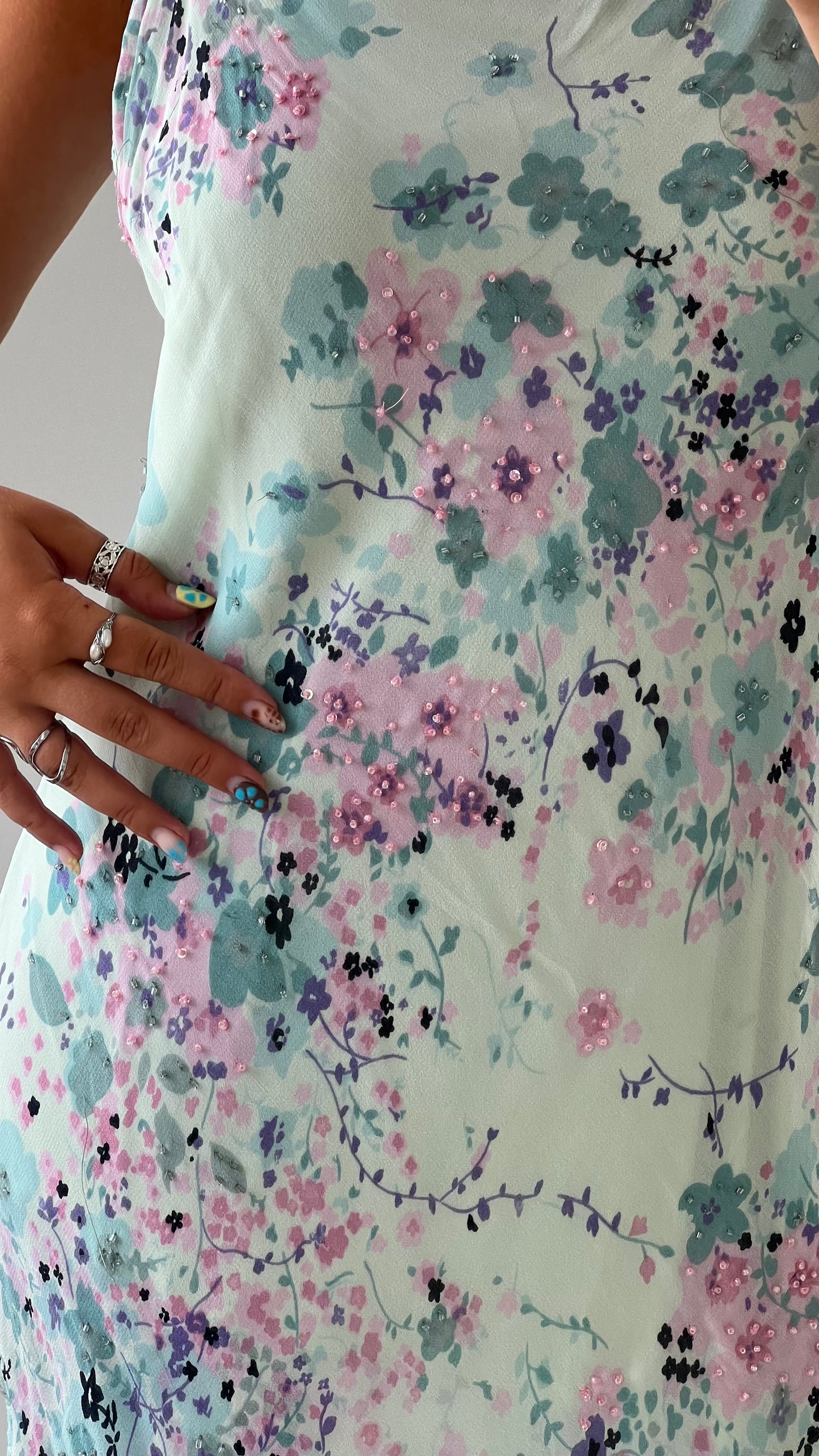 00s blue mesh floral maxi dress- size XL