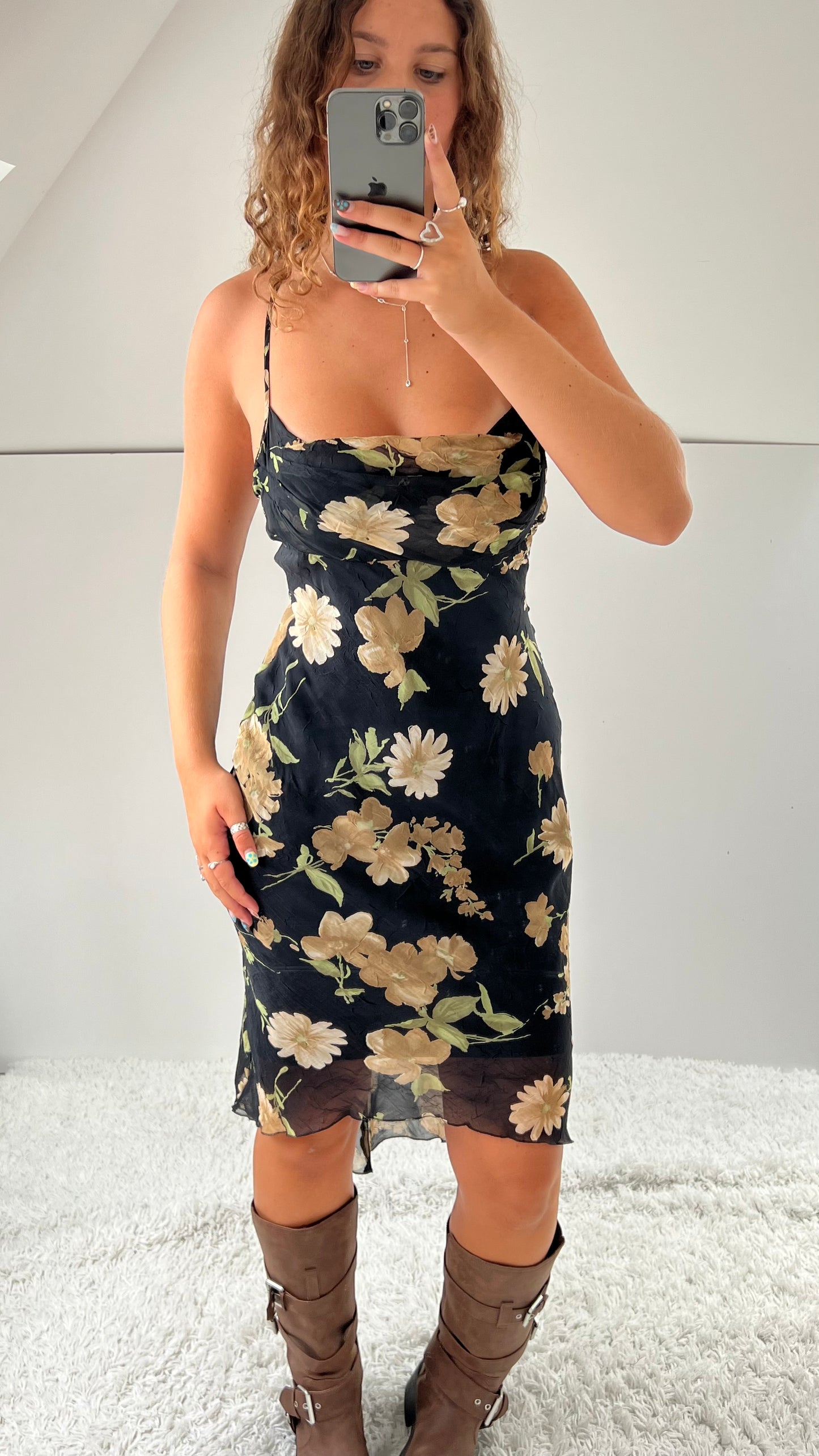 00s black floral mesh midi dress- size S