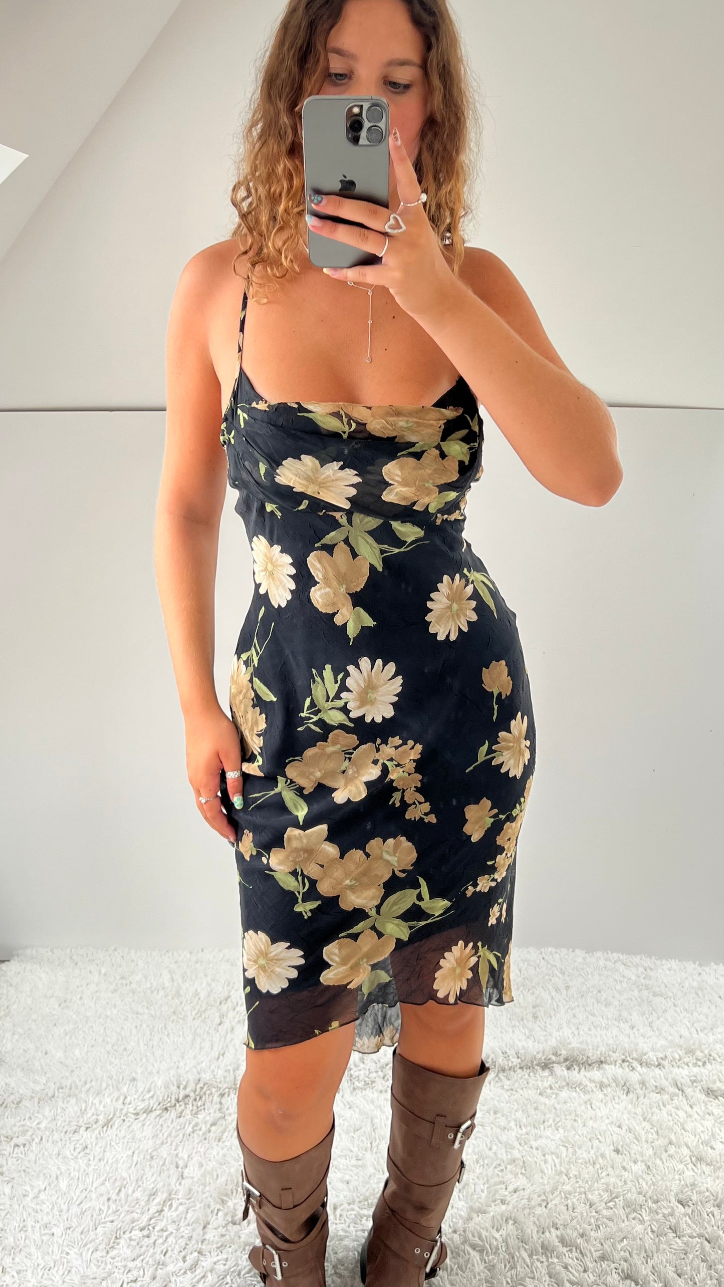 00s black floral mesh midi dress- size S