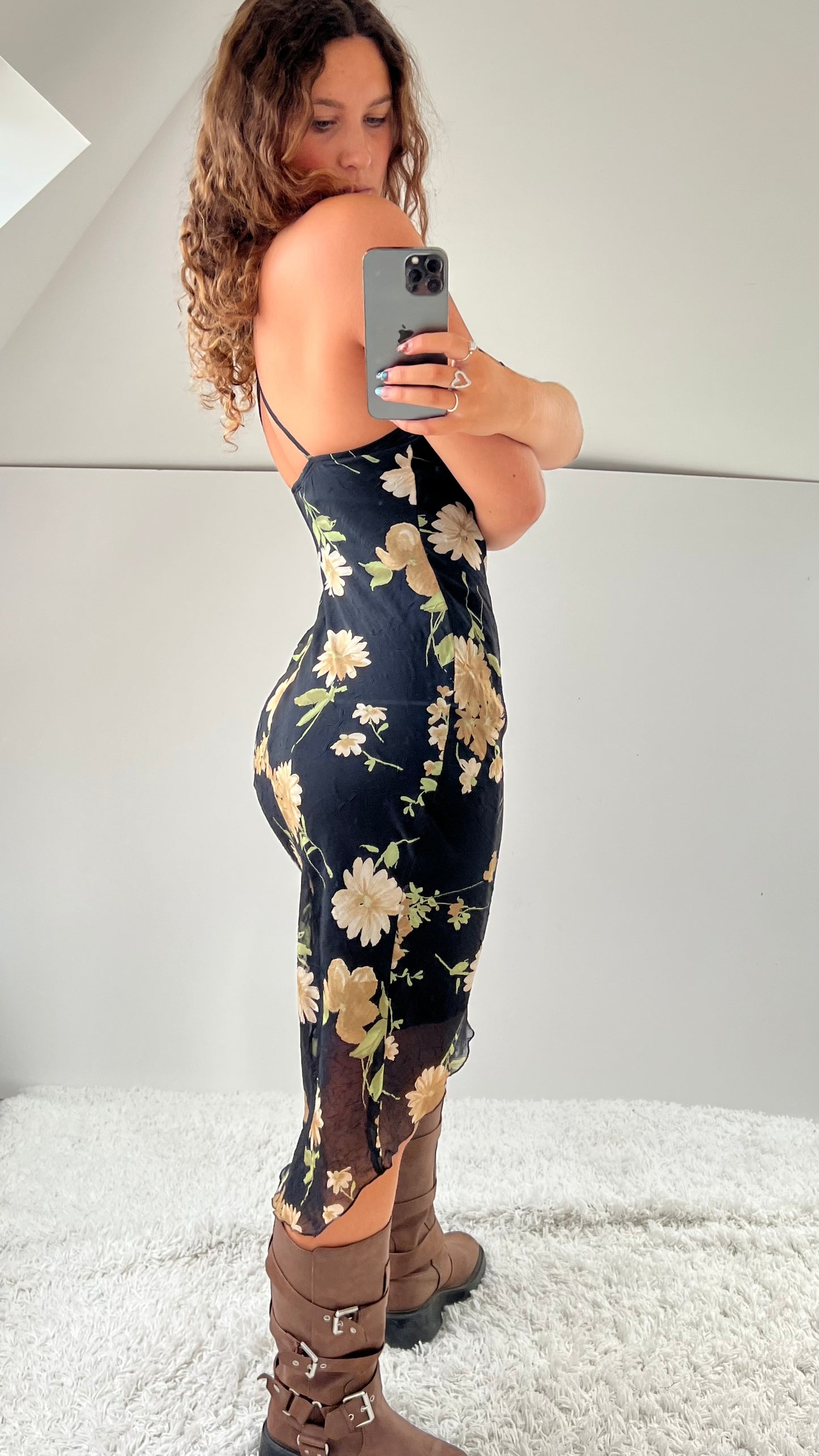 00s black floral mesh midi dress- size S
