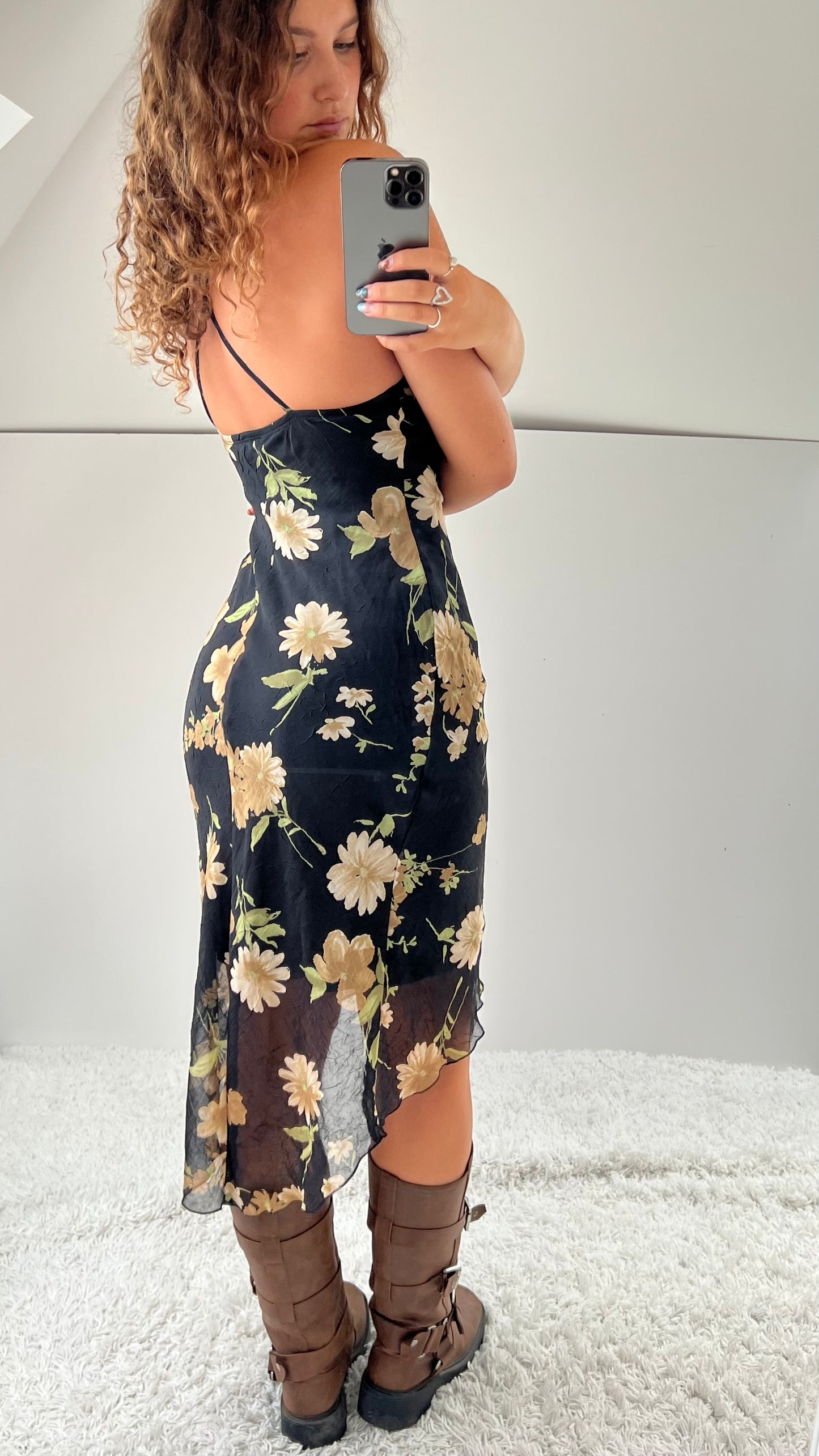00s black floral mesh midi dress- size S