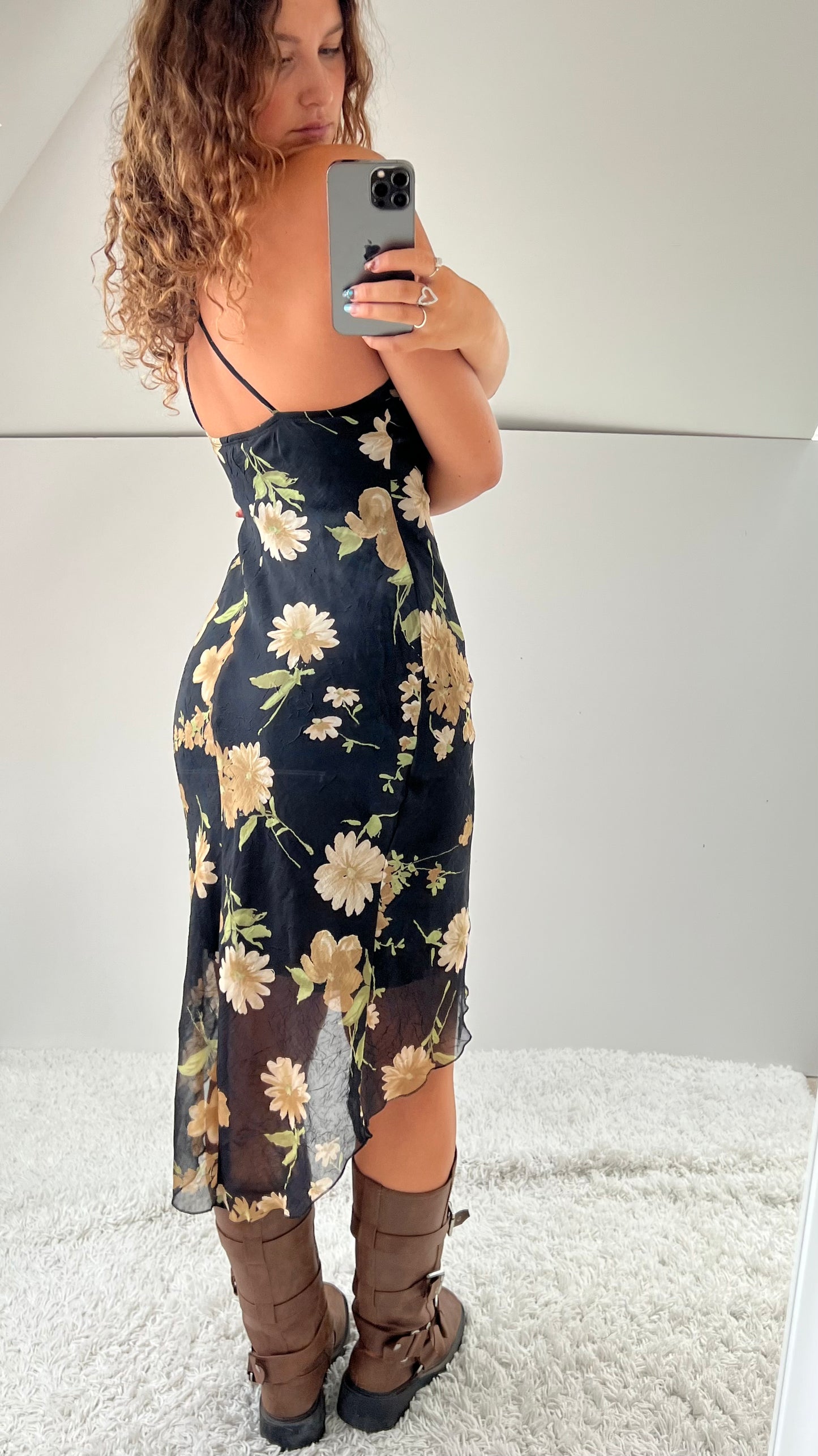 00s black floral mesh midi dress- size S