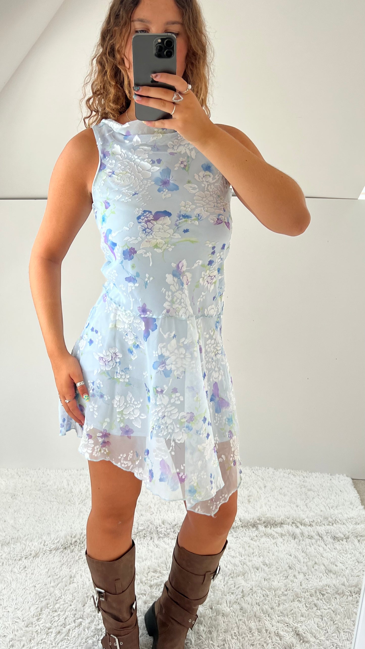 00s blue butterfly mini dress- size S