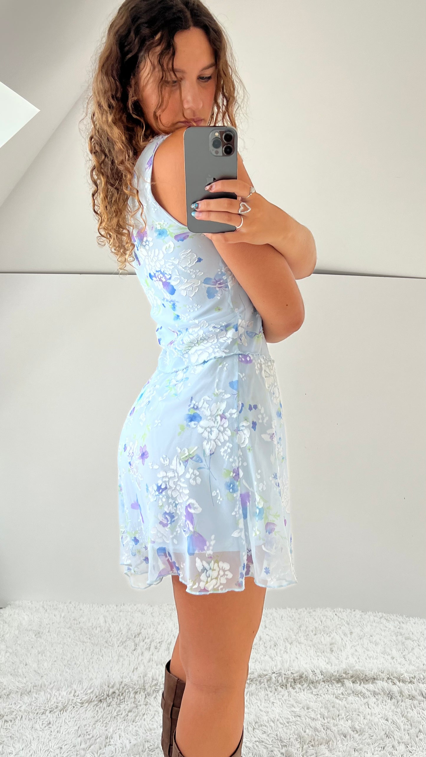 00s blue butterfly mini dress- size S