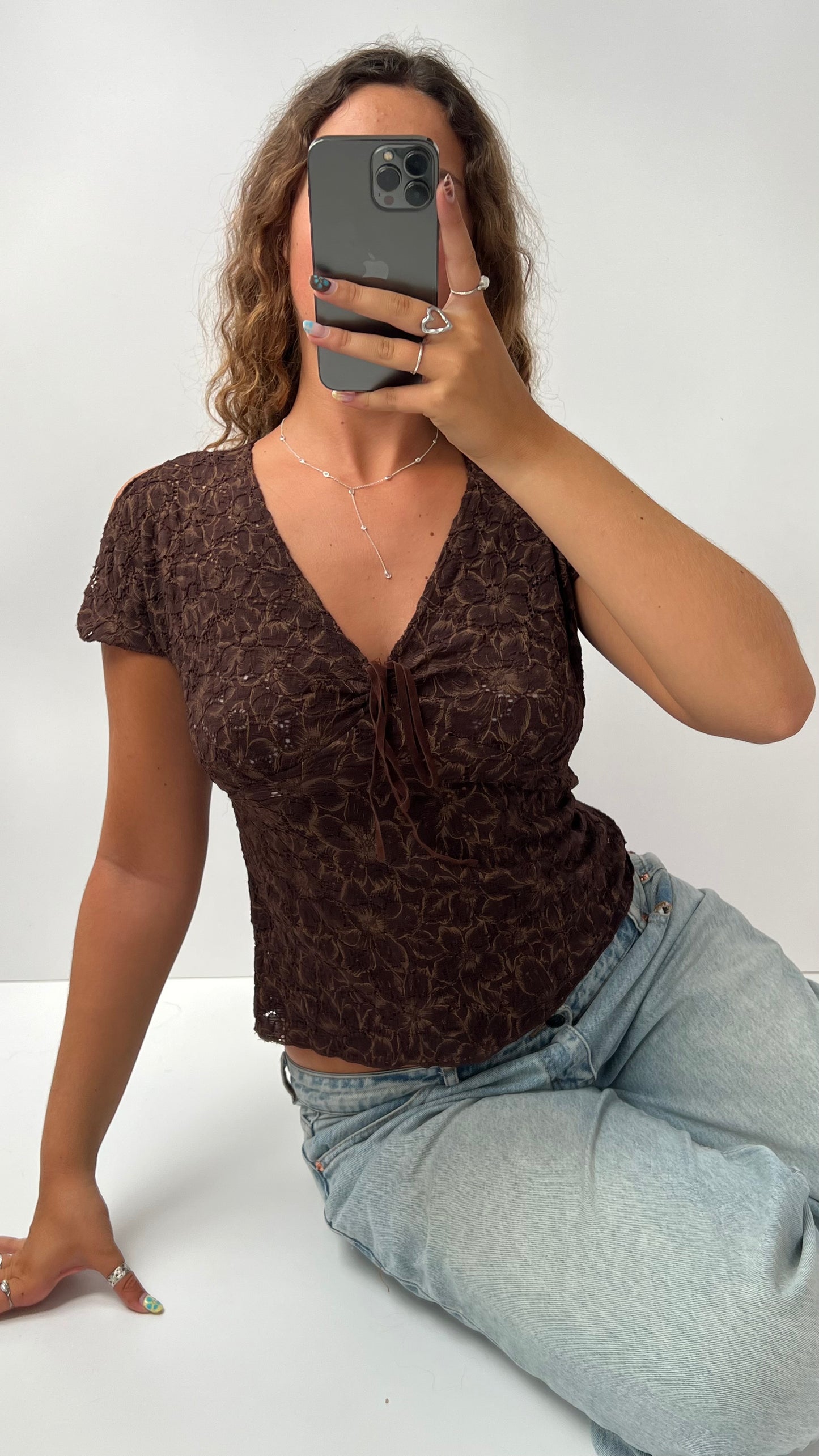 00s brown lace babydoll top- size M