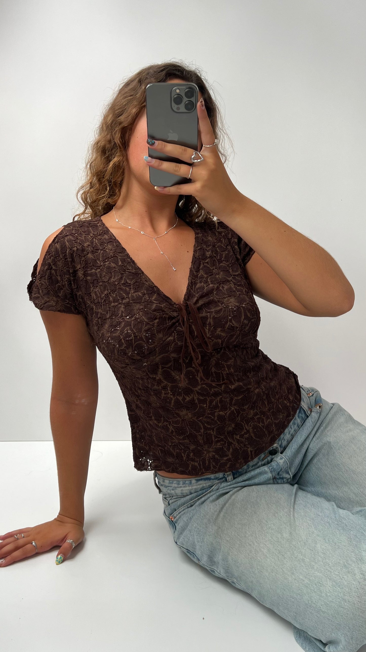 00s brown lace babydoll top- size M