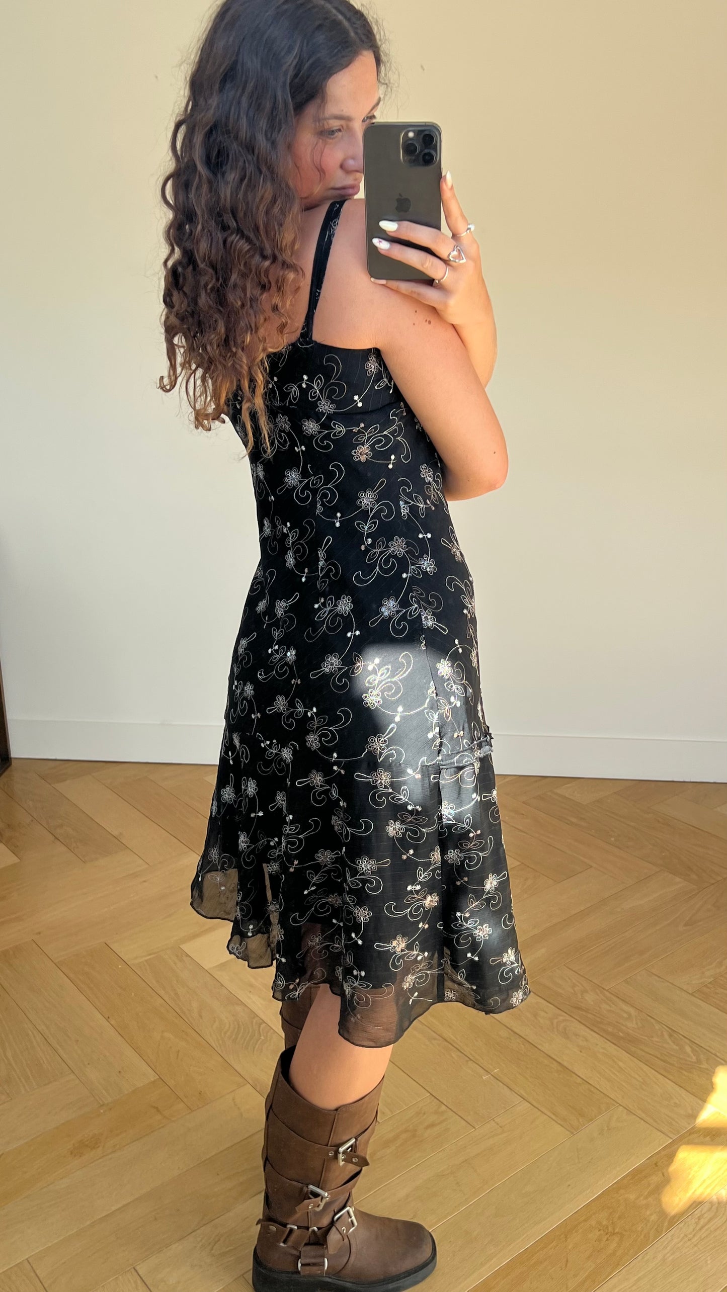 00s black floral midi dress- size M/L