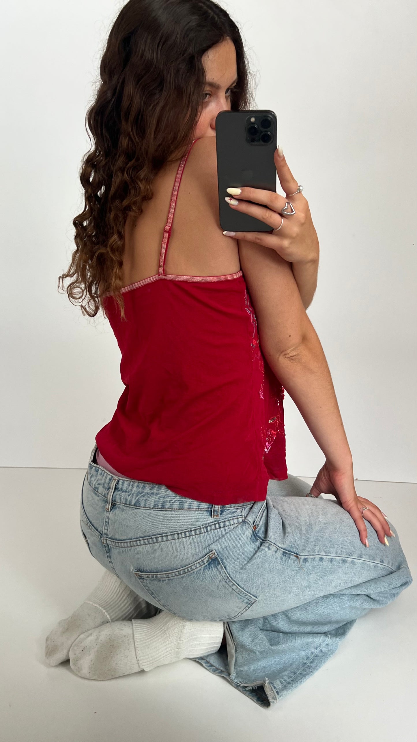 00s red beaded mesh cami- size L