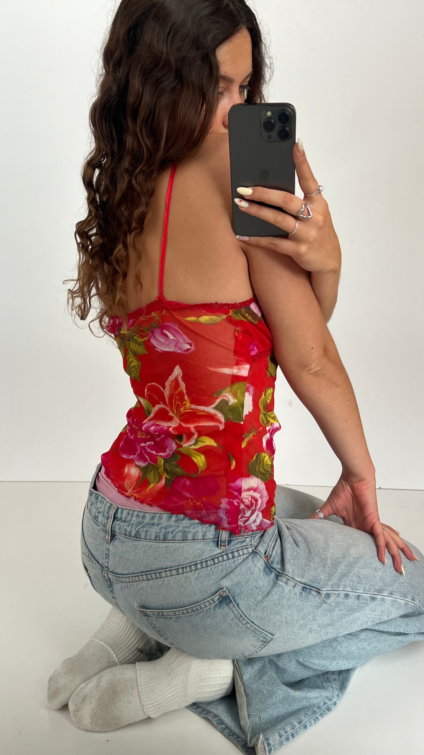 00s red mesh floral cami- size M