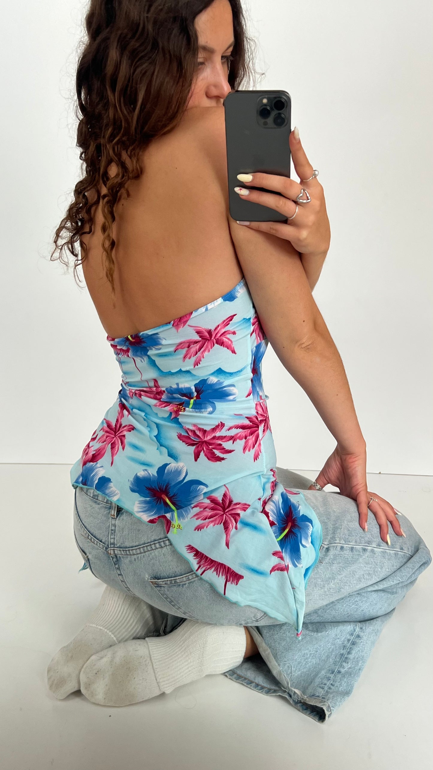 00s blue floral asymmetric cami- size M
