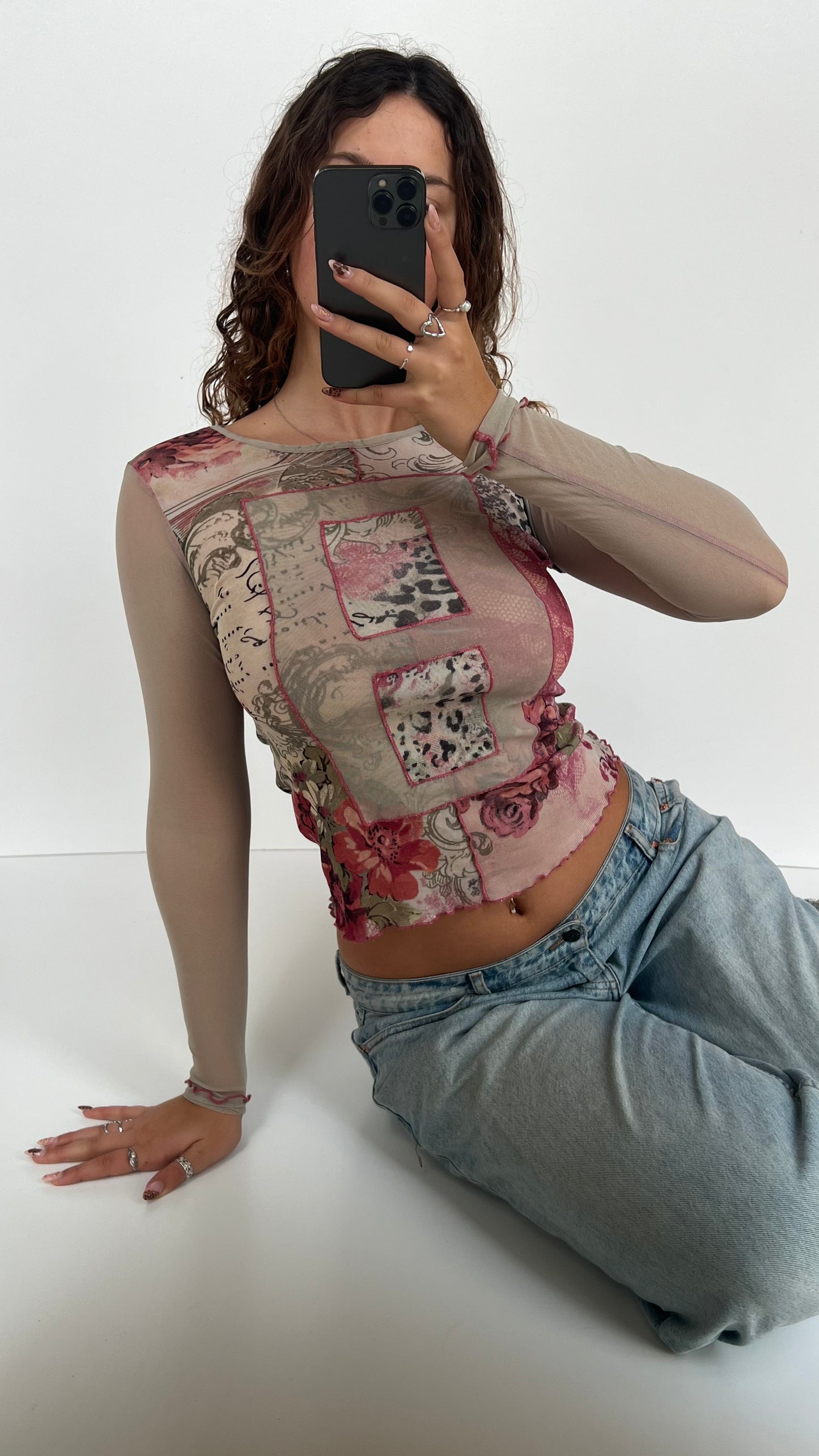 00s pink green mesh long sleeve top- size S