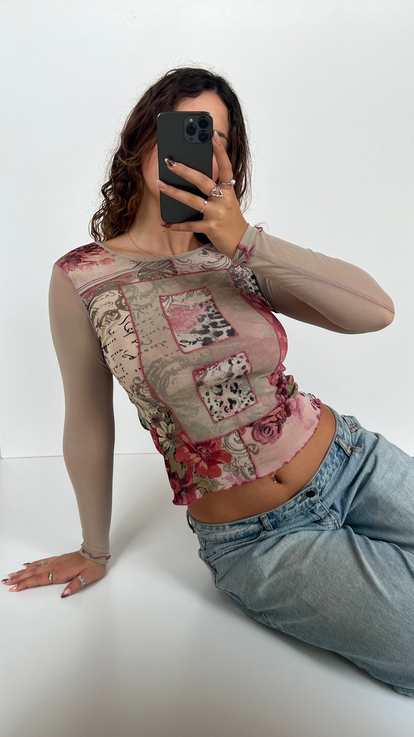 00s pink green mesh long sleeve top- size S