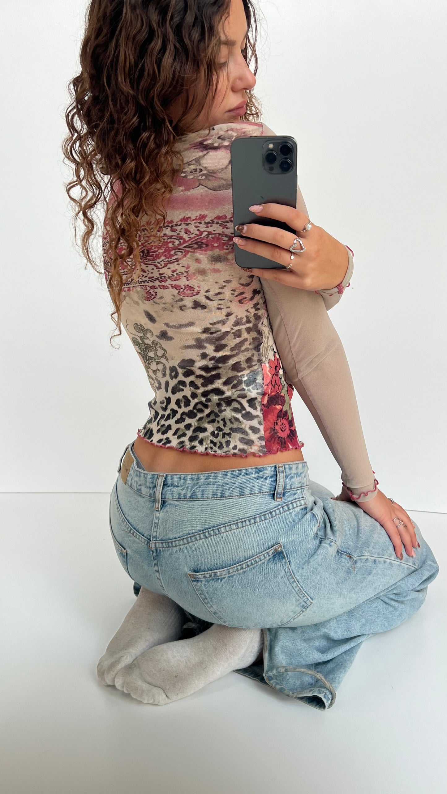 00s pink green mesh long sleeve top- size S