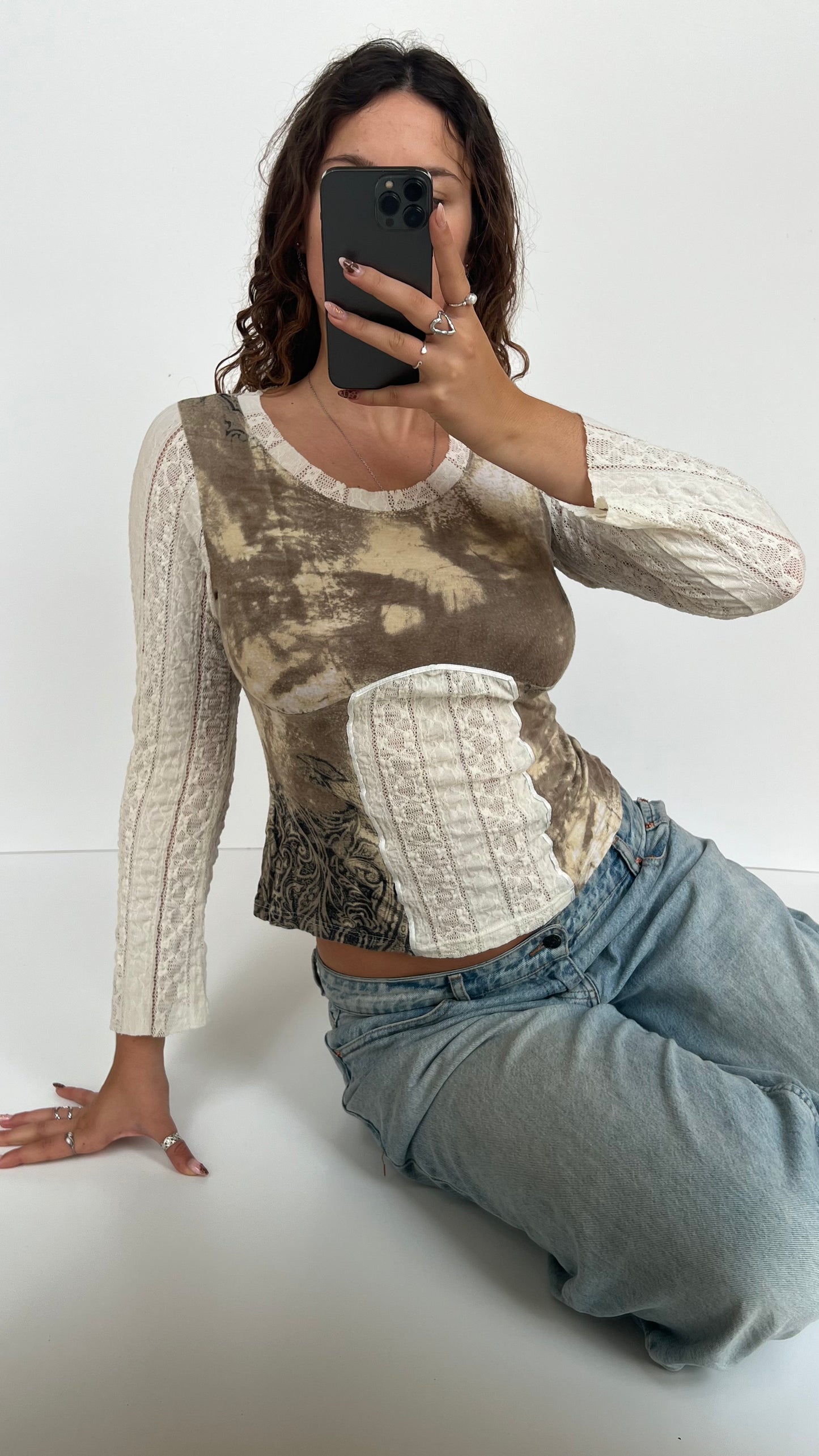00s beige lace long sleeve top- size S