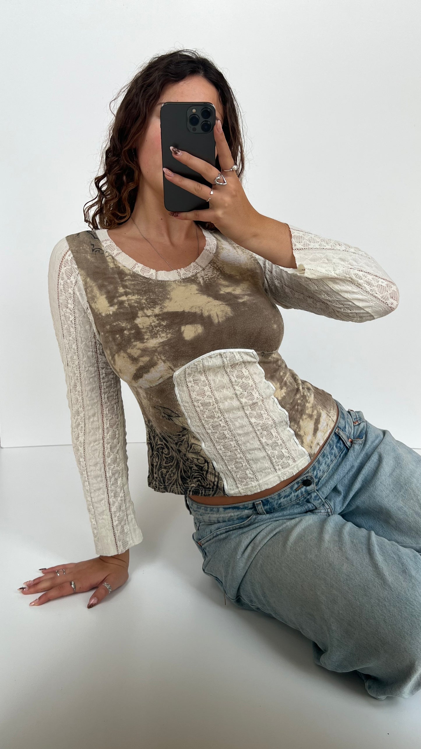 00s beige lace long sleeve top- size S
