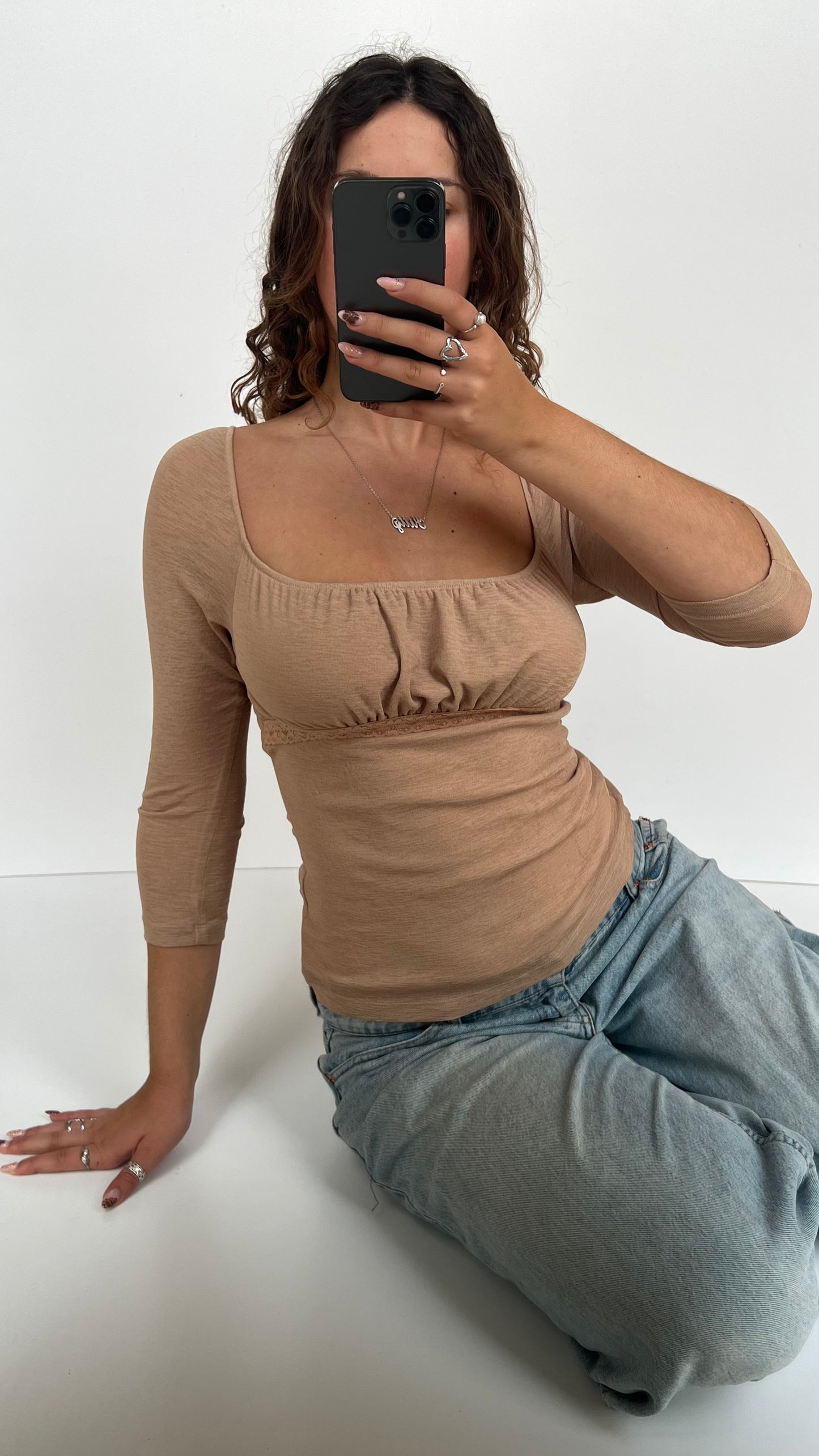 00s tan milkmaid long sleeve top- size M