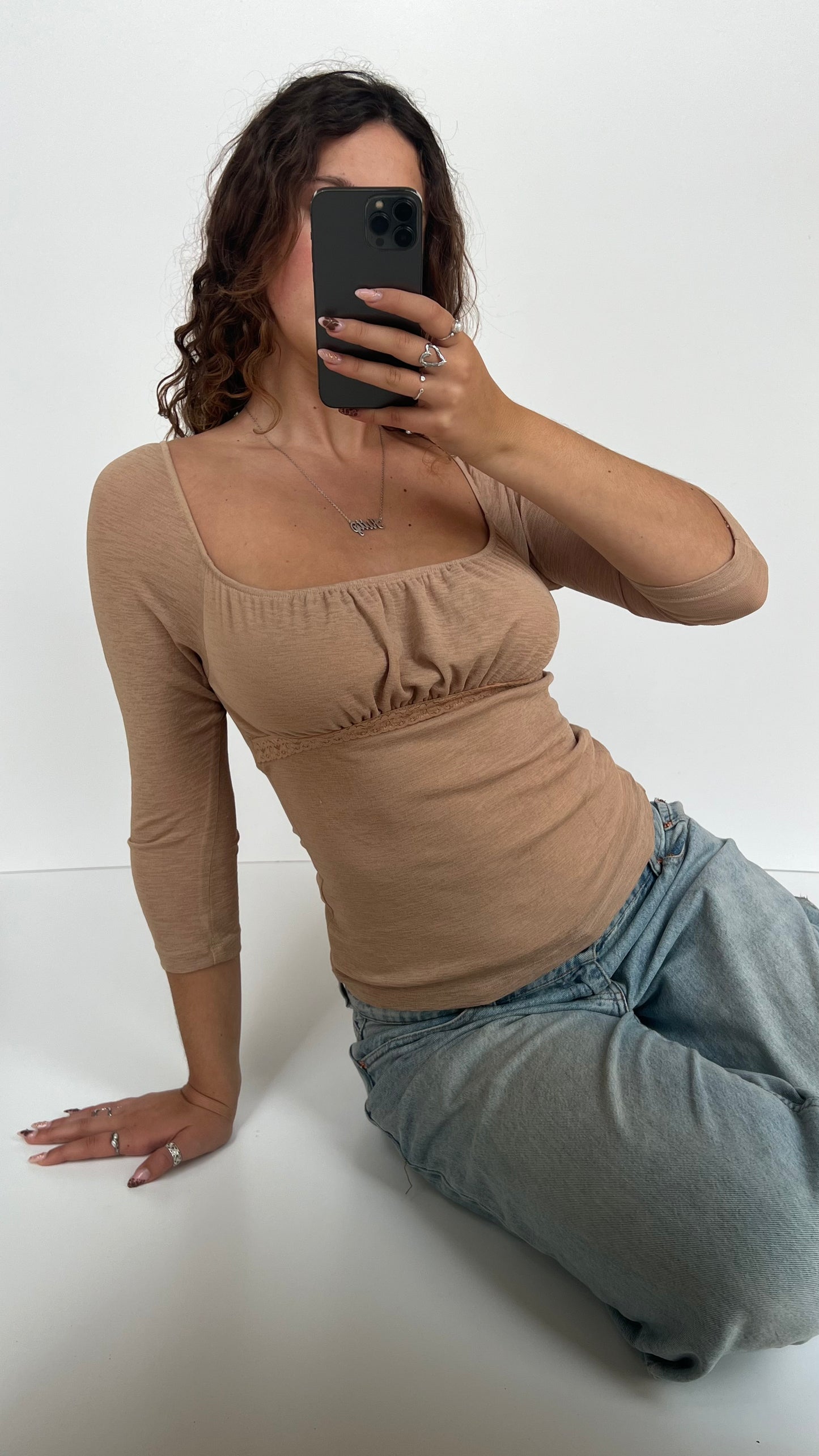 00s tan milkmaid long sleeve top- size M