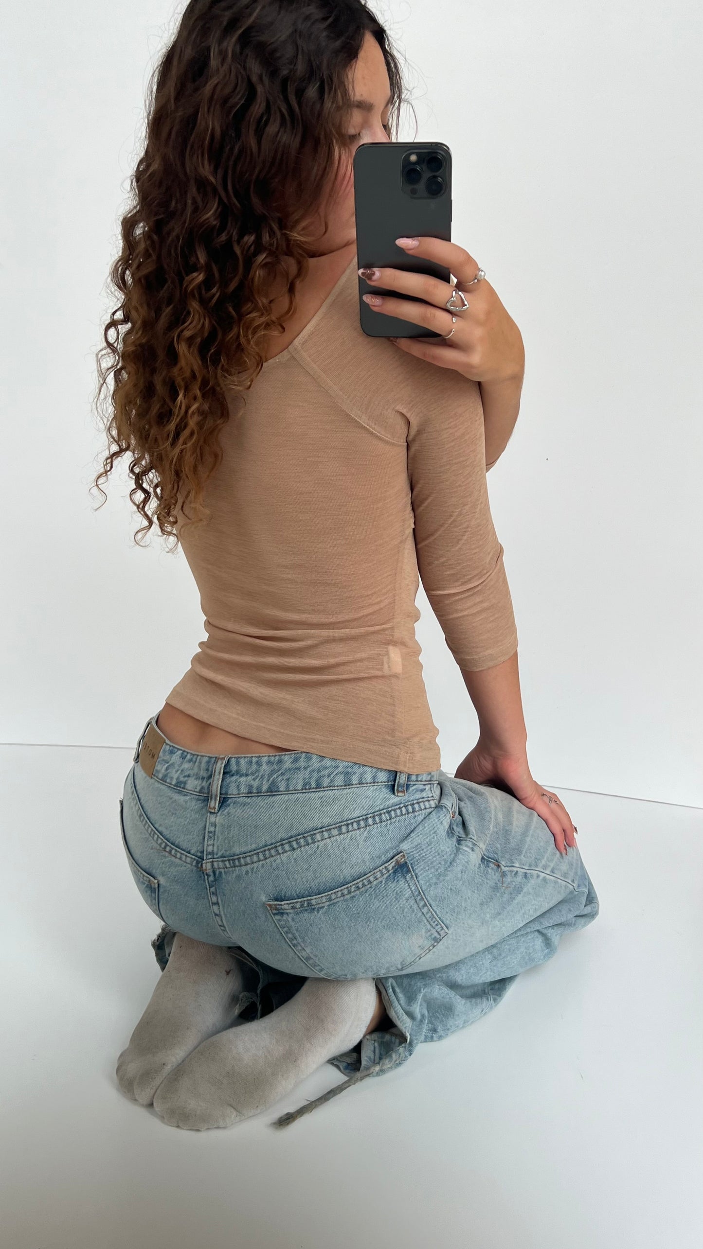 00s tan milkmaid long sleeve top- size M