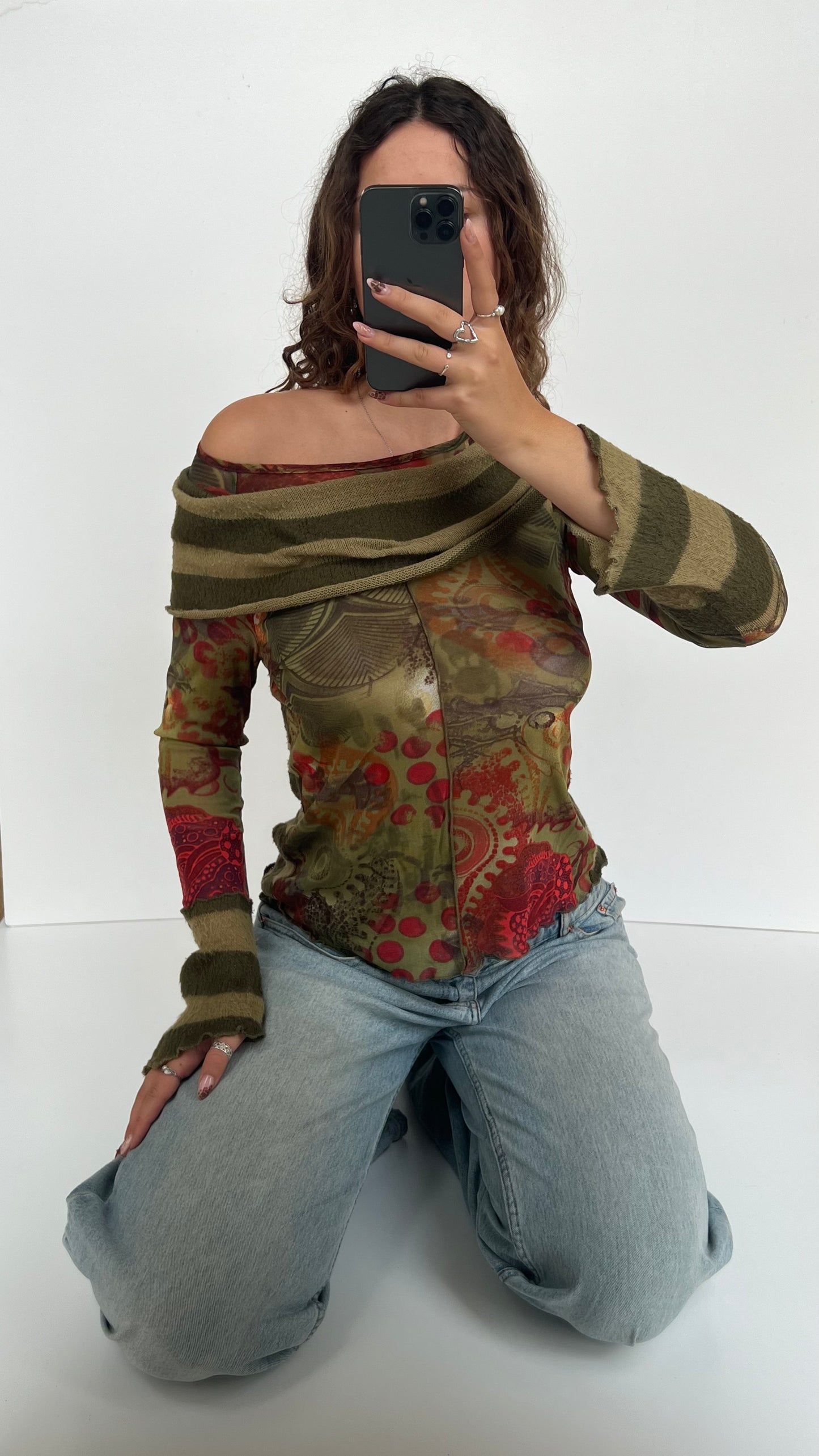 00s green striped mesh knit top- size M