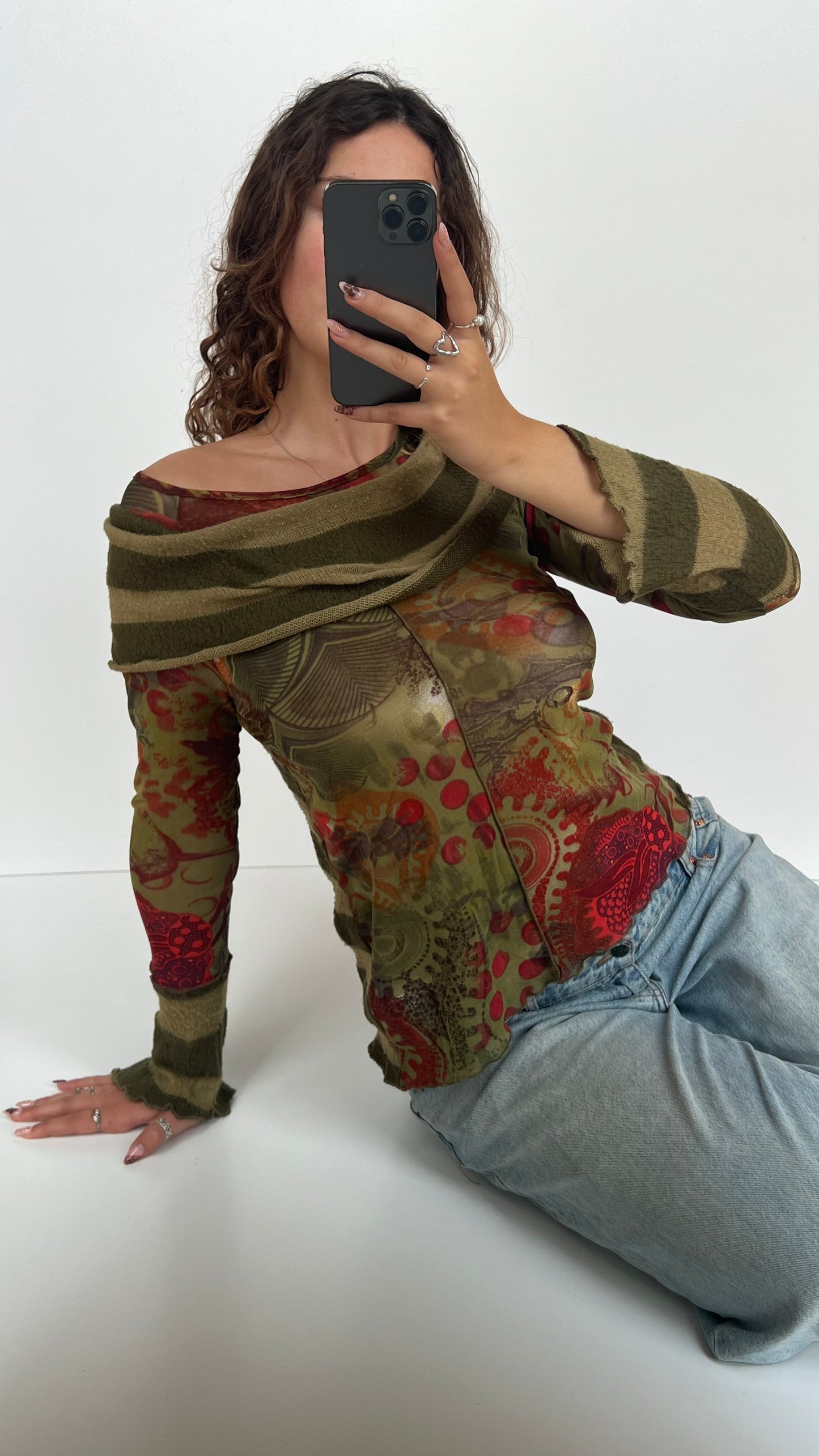 00s green striped mesh knit top- size M