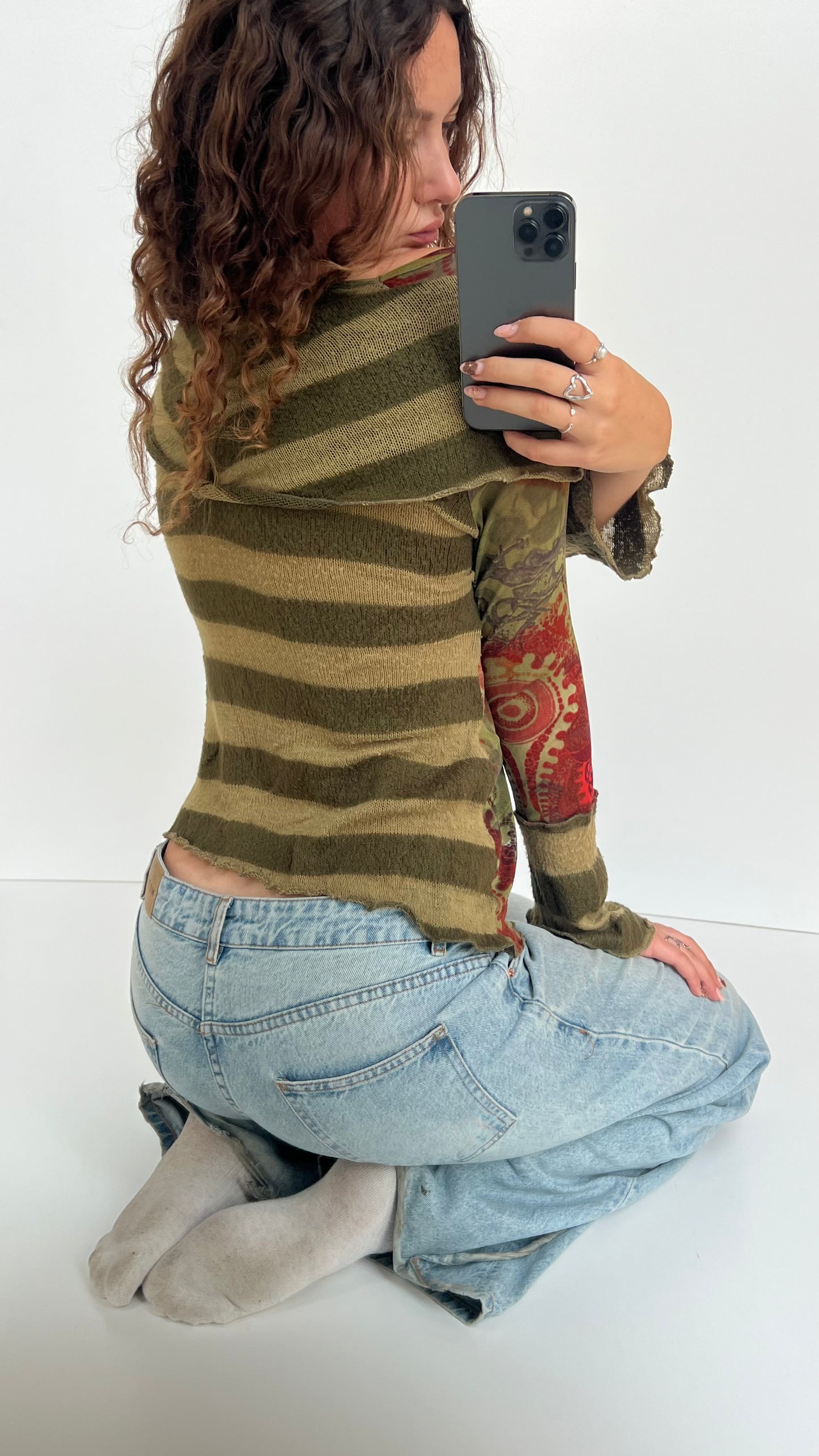 00s green striped mesh knit top- size M