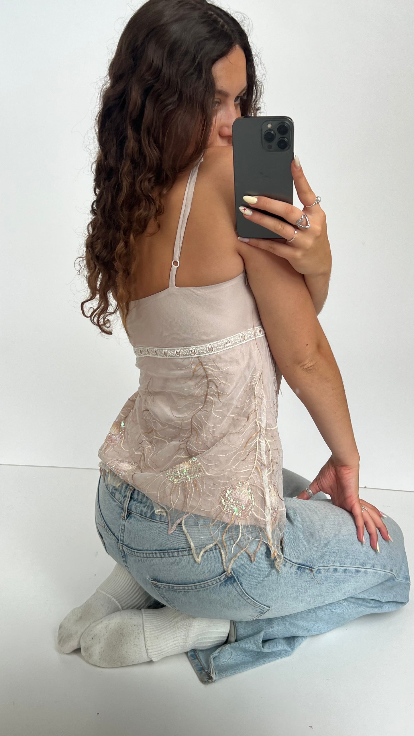 00s pink embroidered mesh cami- size M