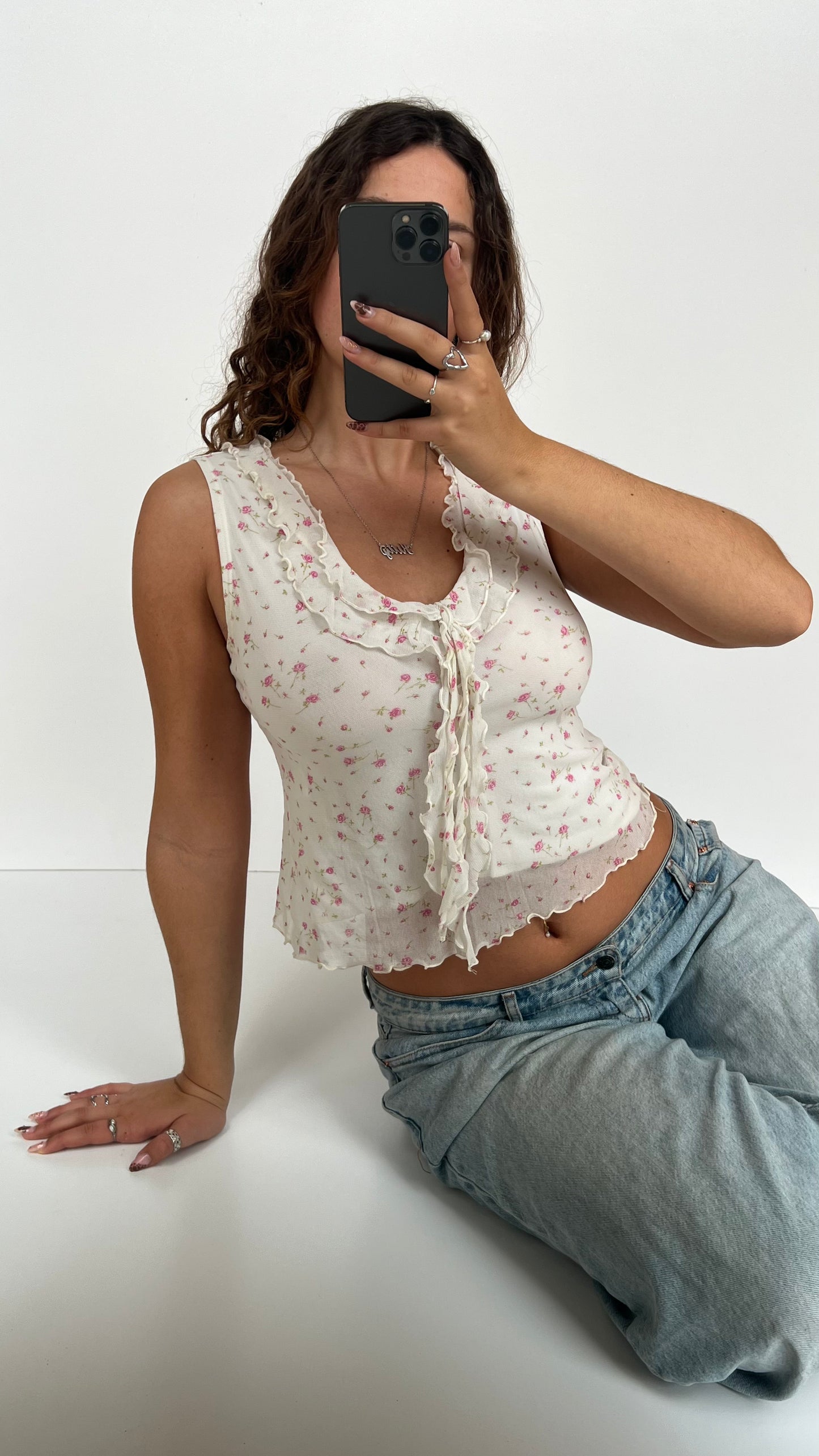 00s white floral babydoll top- size XS