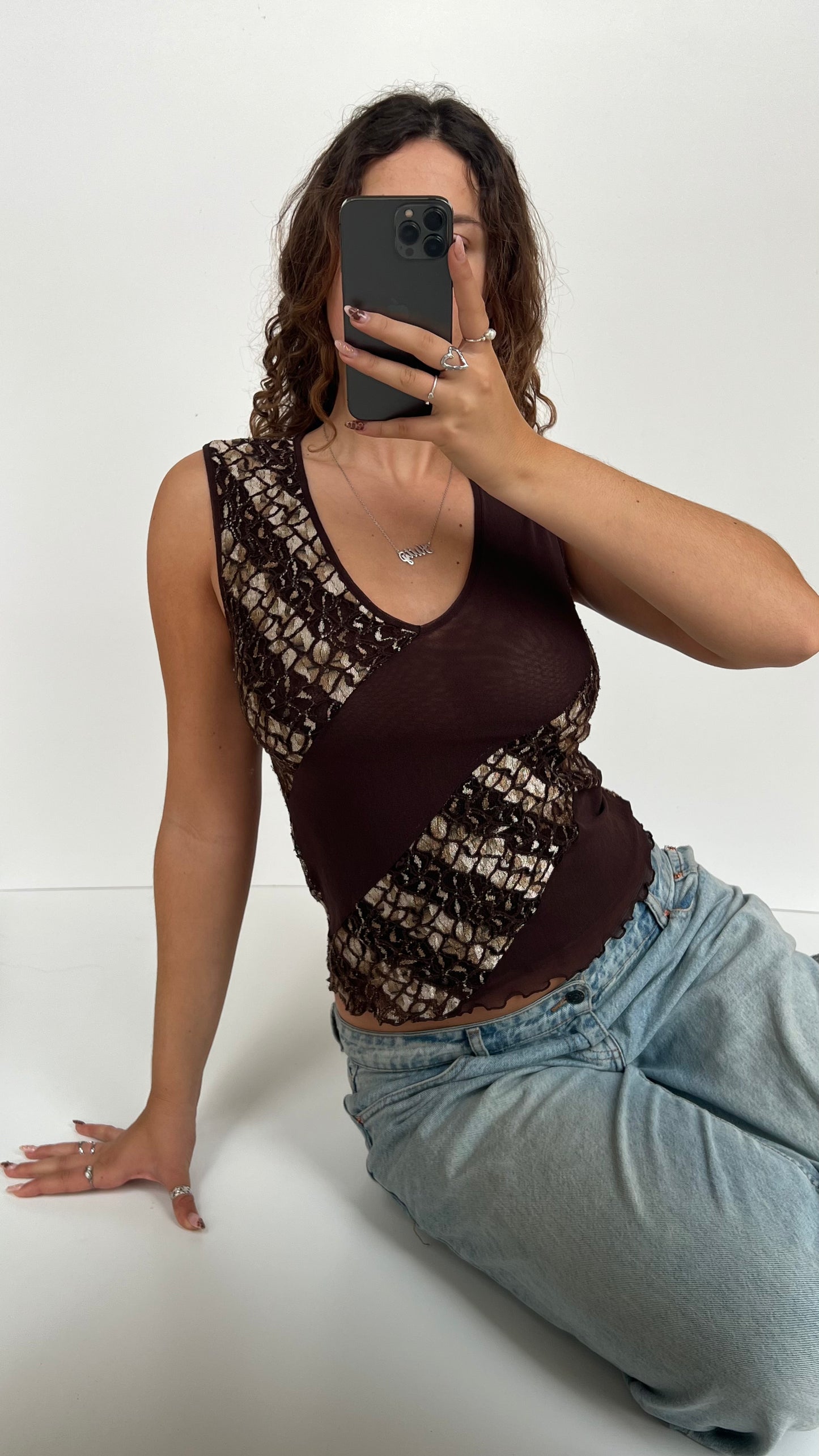 00s brown lace tank top- size M