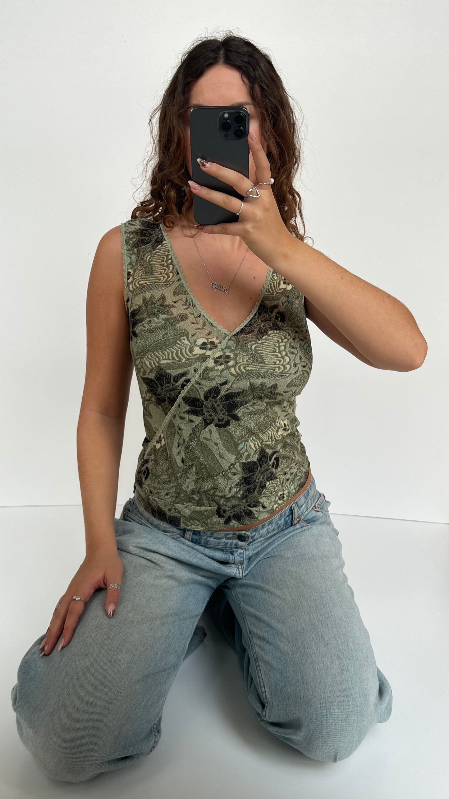 00s green floral mesh tank top- size S