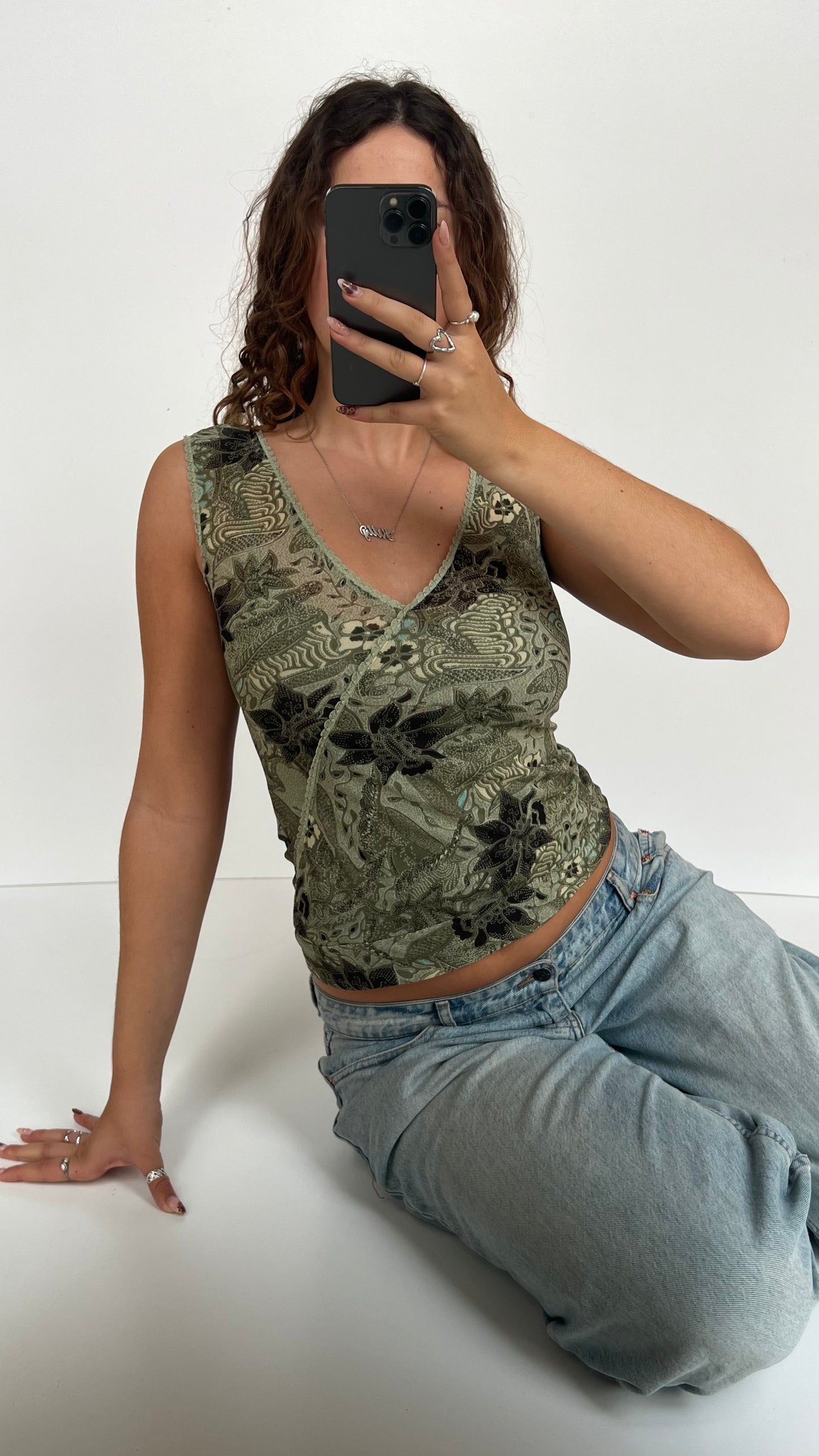00s green floral mesh tank top- size S