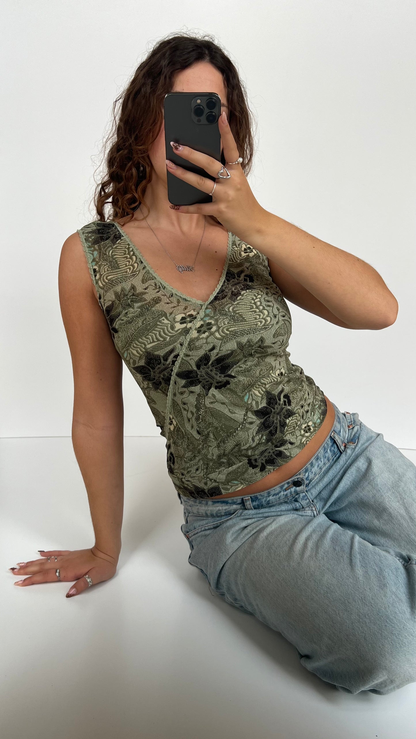 00s green floral mesh tank top- size S