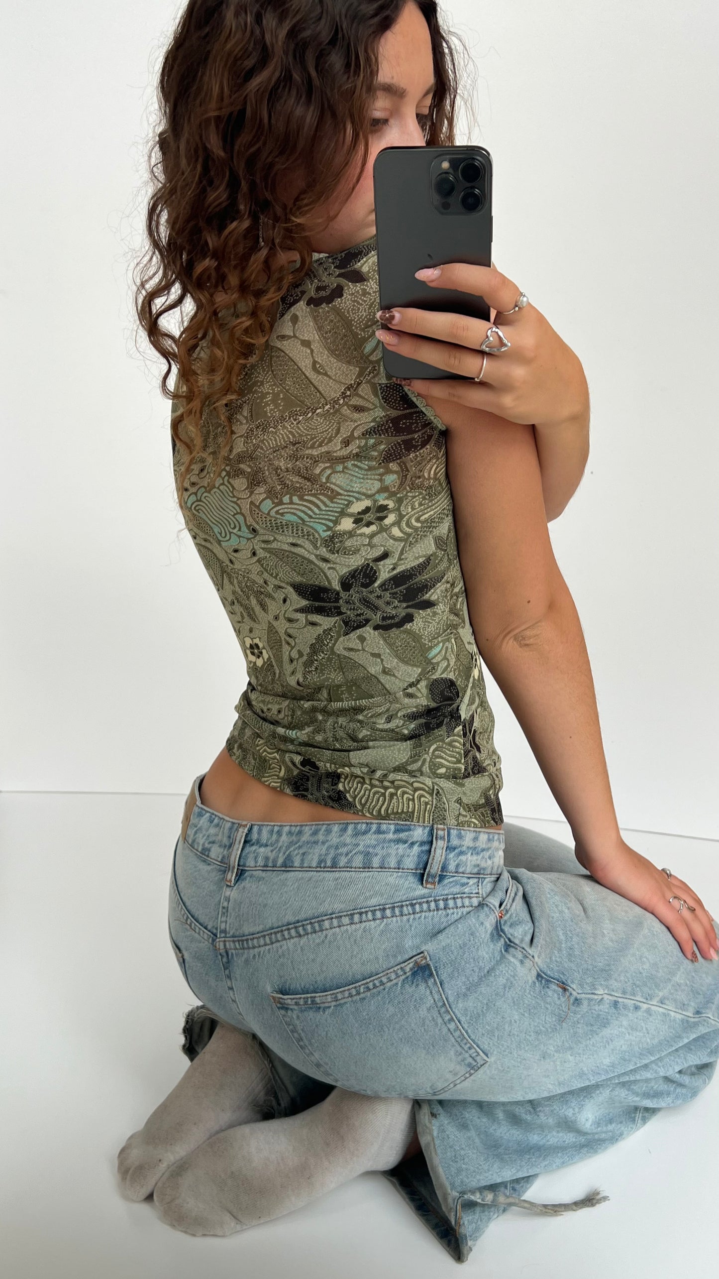 00s green floral mesh tank top- size S