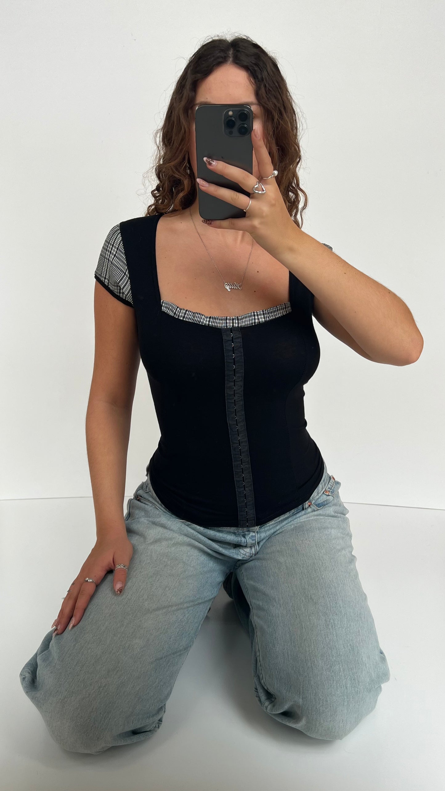 00s black gingham top- size M