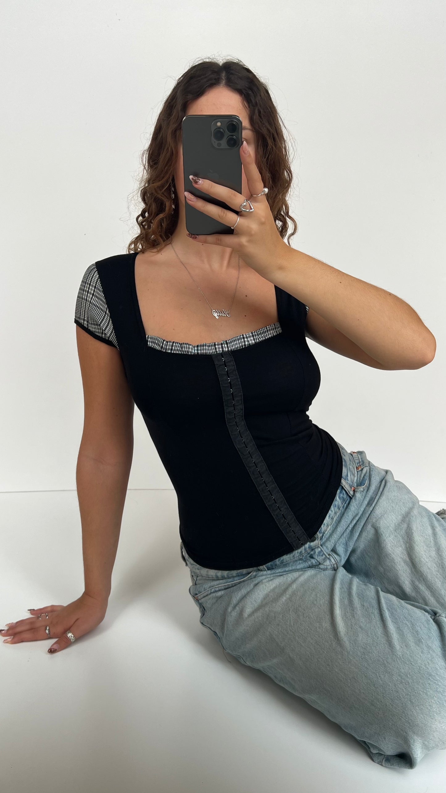 00s black gingham top- size M