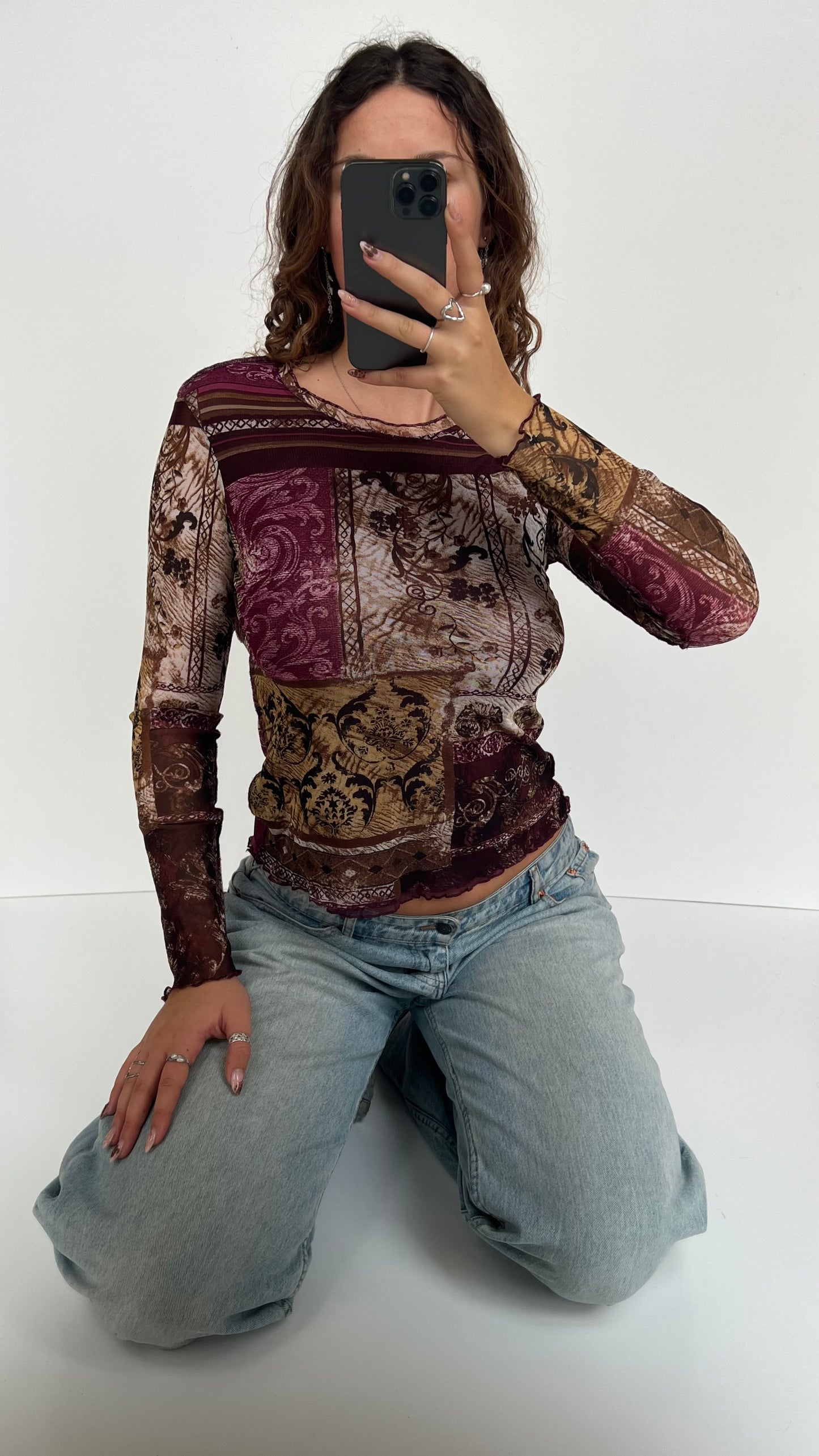 00s purple patterned mesh long sleeve top- size M