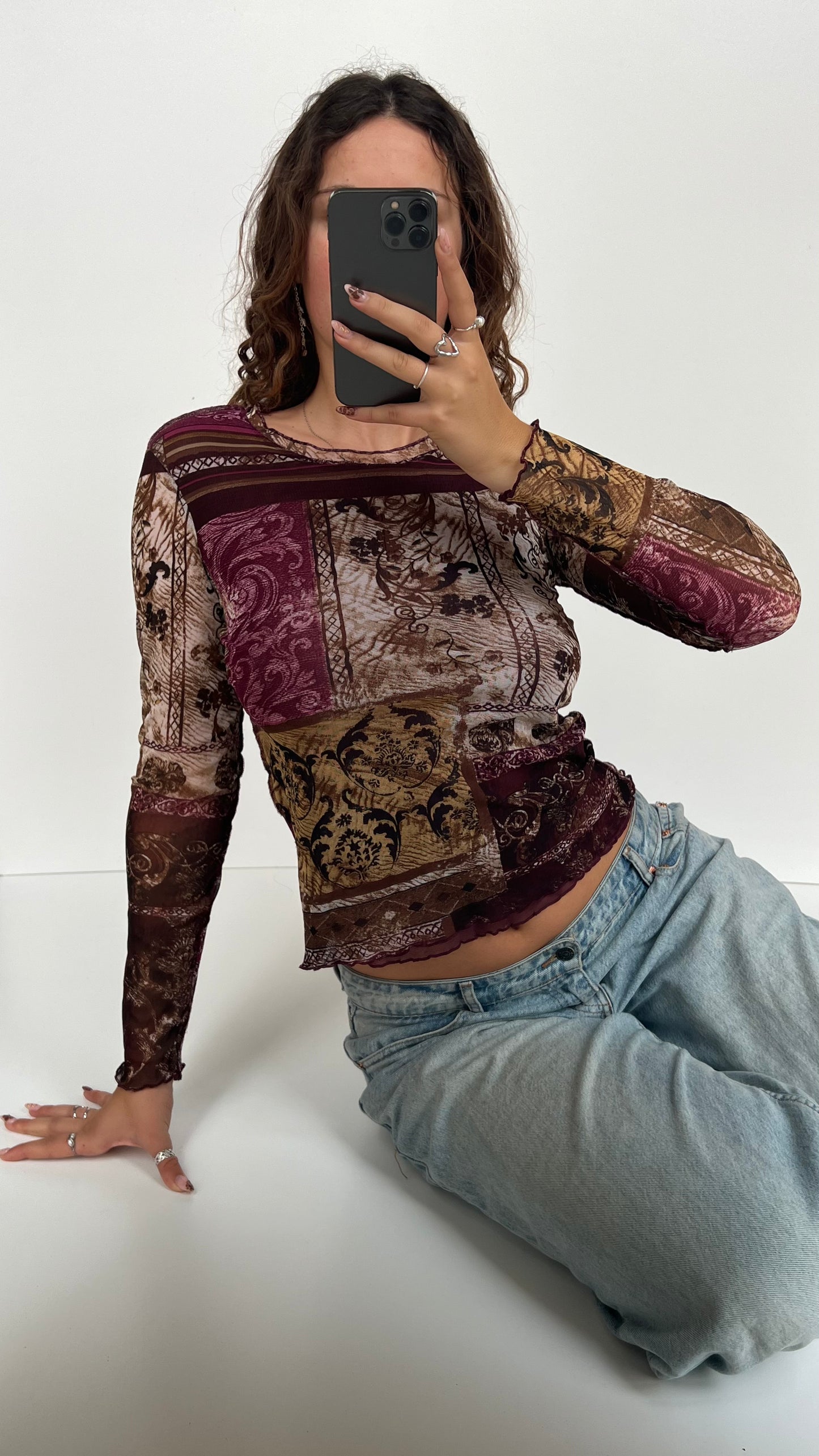 00s purple patterned mesh long sleeve top- size M