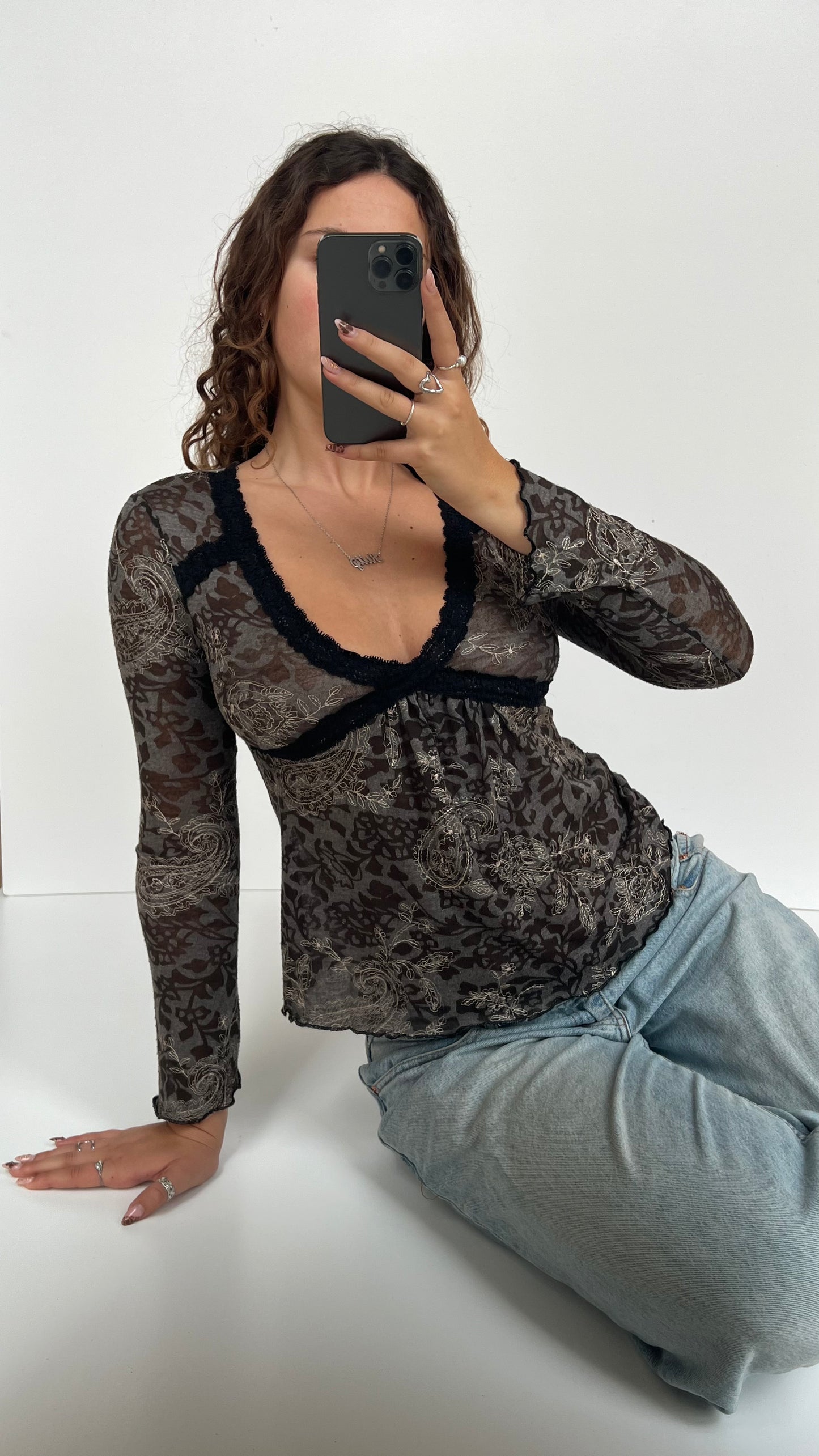 00s grey floral long sleeve top- size S