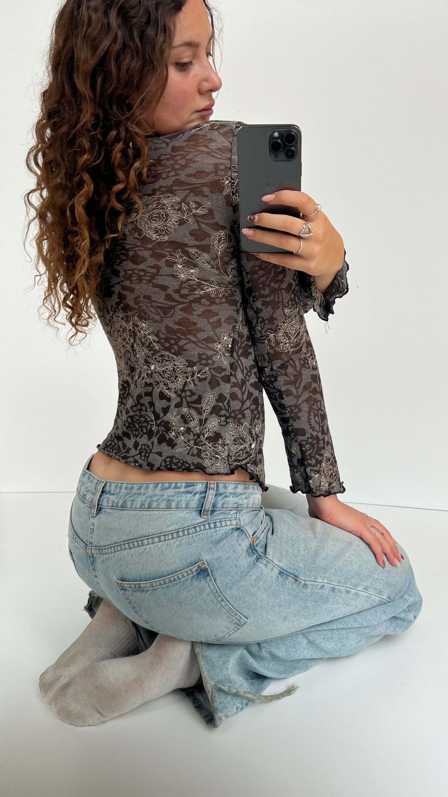 00s grey floral long sleeve top- size S