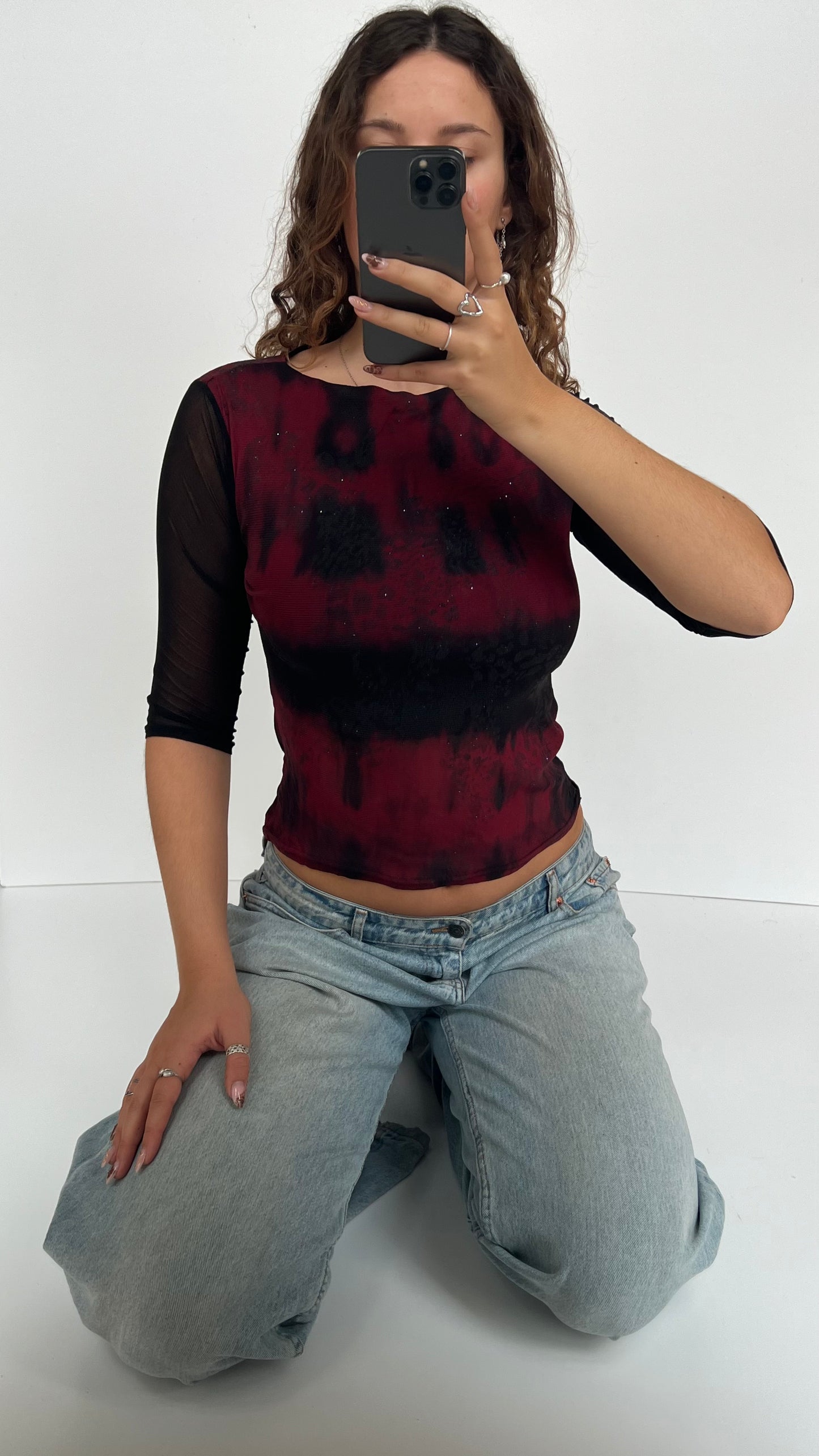 00s red black mesh long sleeve top- size S