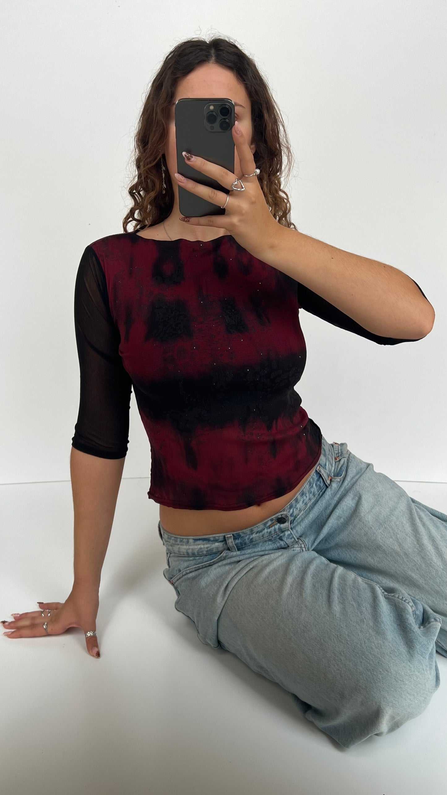 00s red black mesh long sleeve top- size S