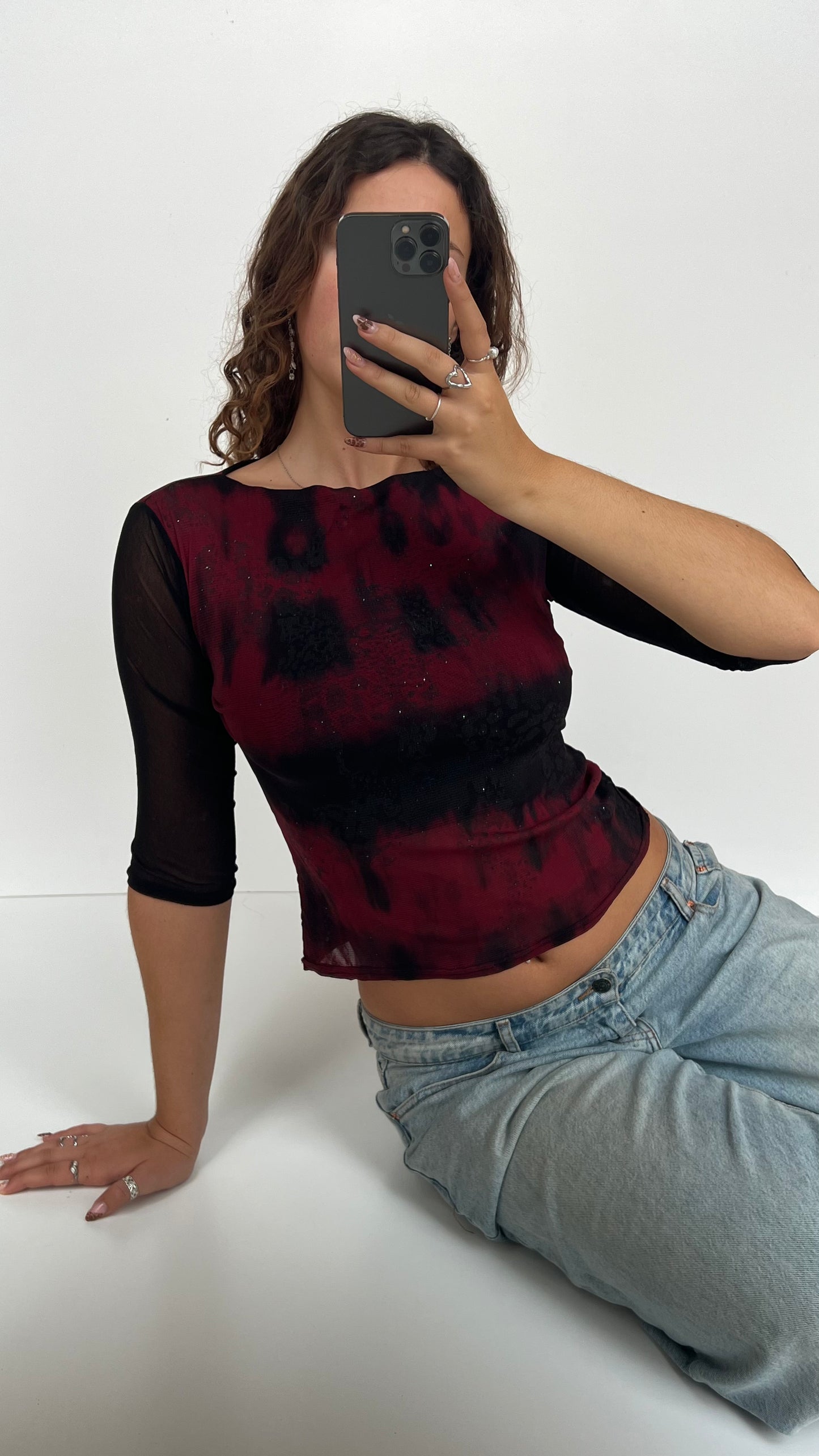 00s red black mesh long sleeve top- size S