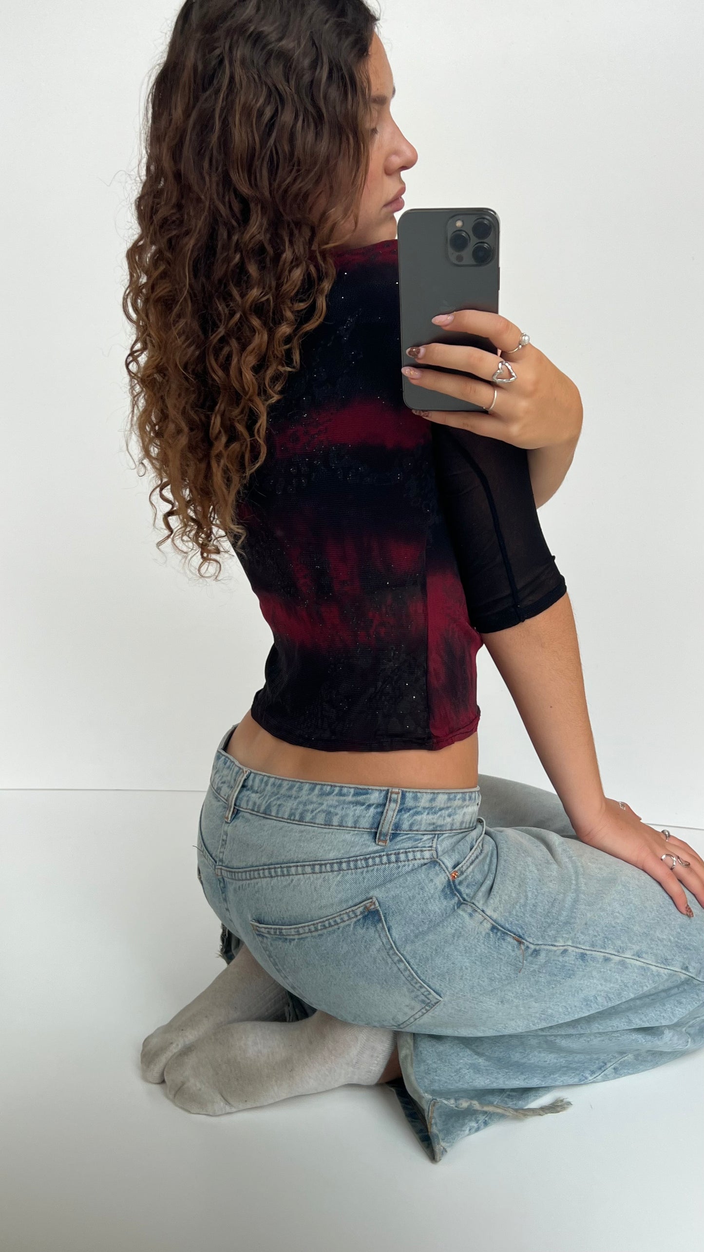 00s red black mesh long sleeve top- size S