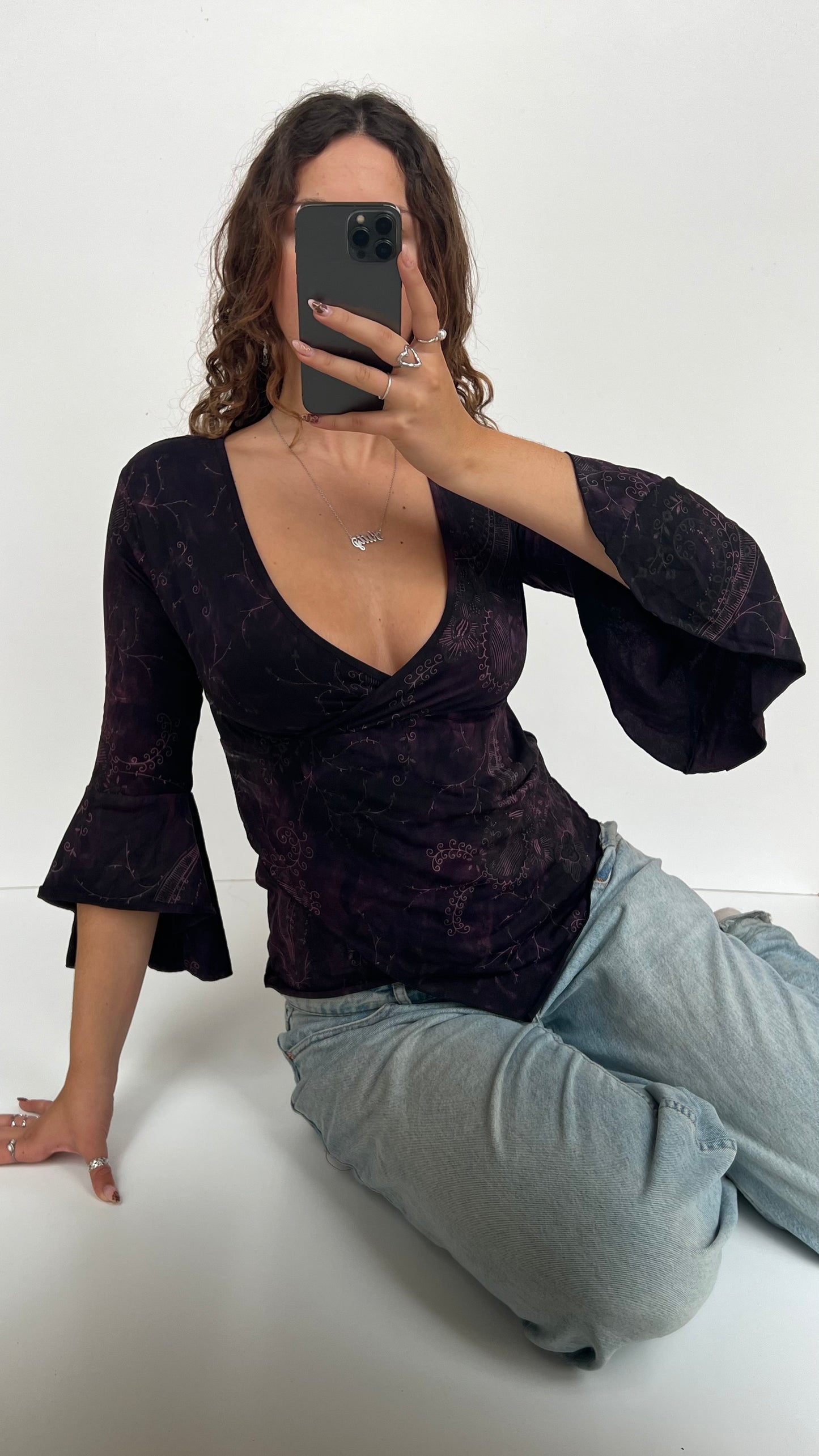 00s purple flared long sleeve top- size S