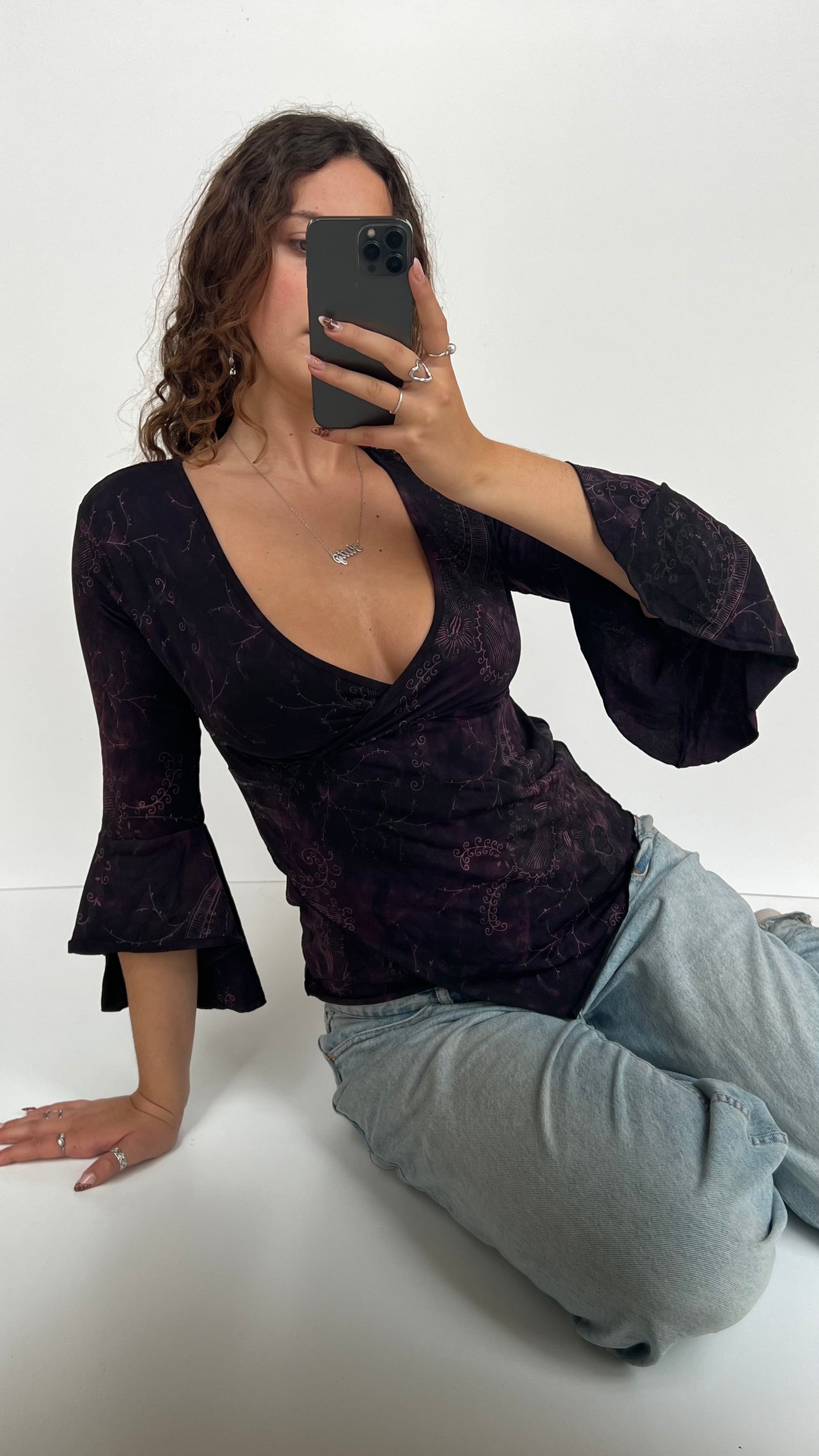 00s purple flared long sleeve top- size S