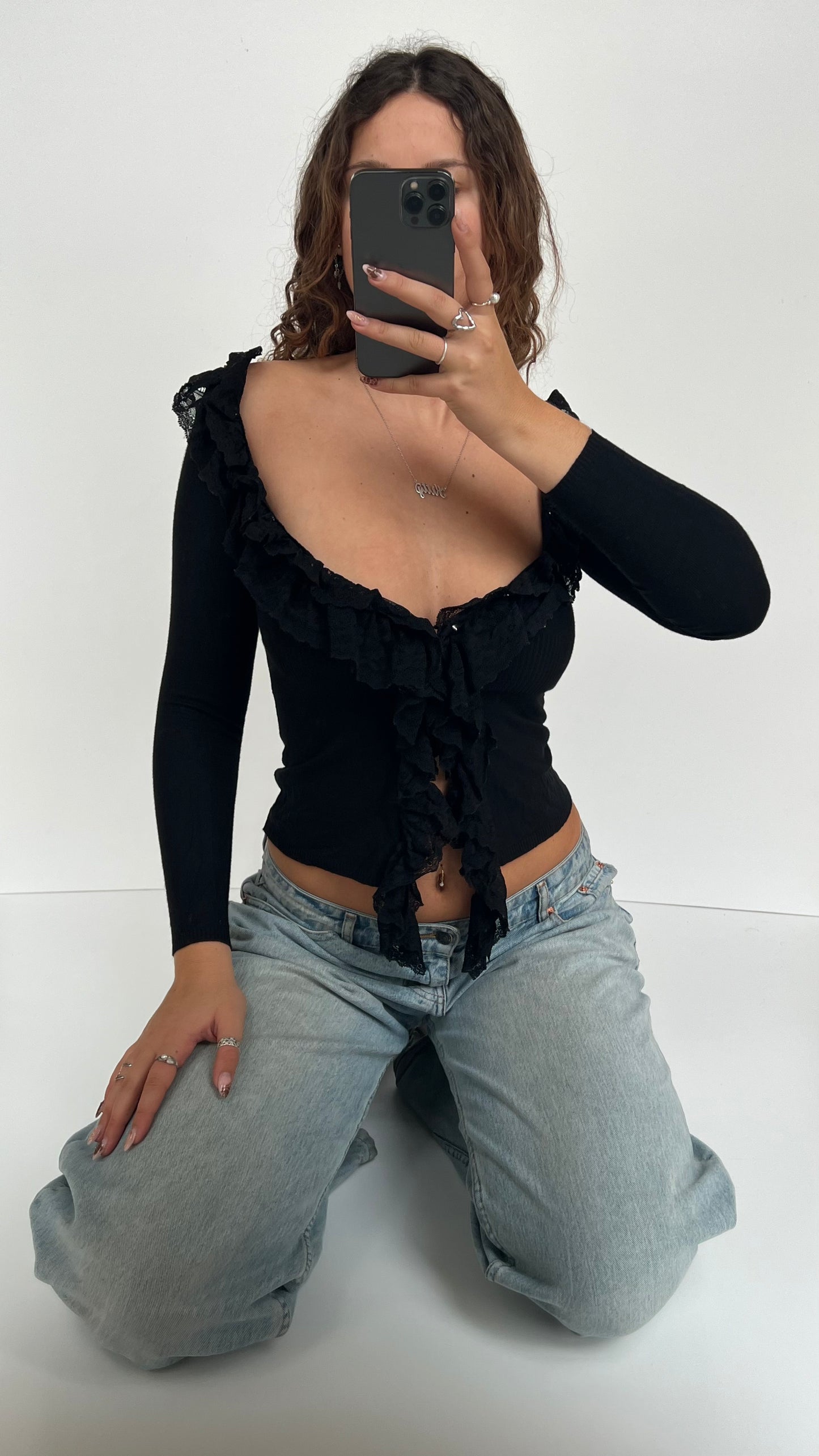 00s black lace long sleeve top- size S