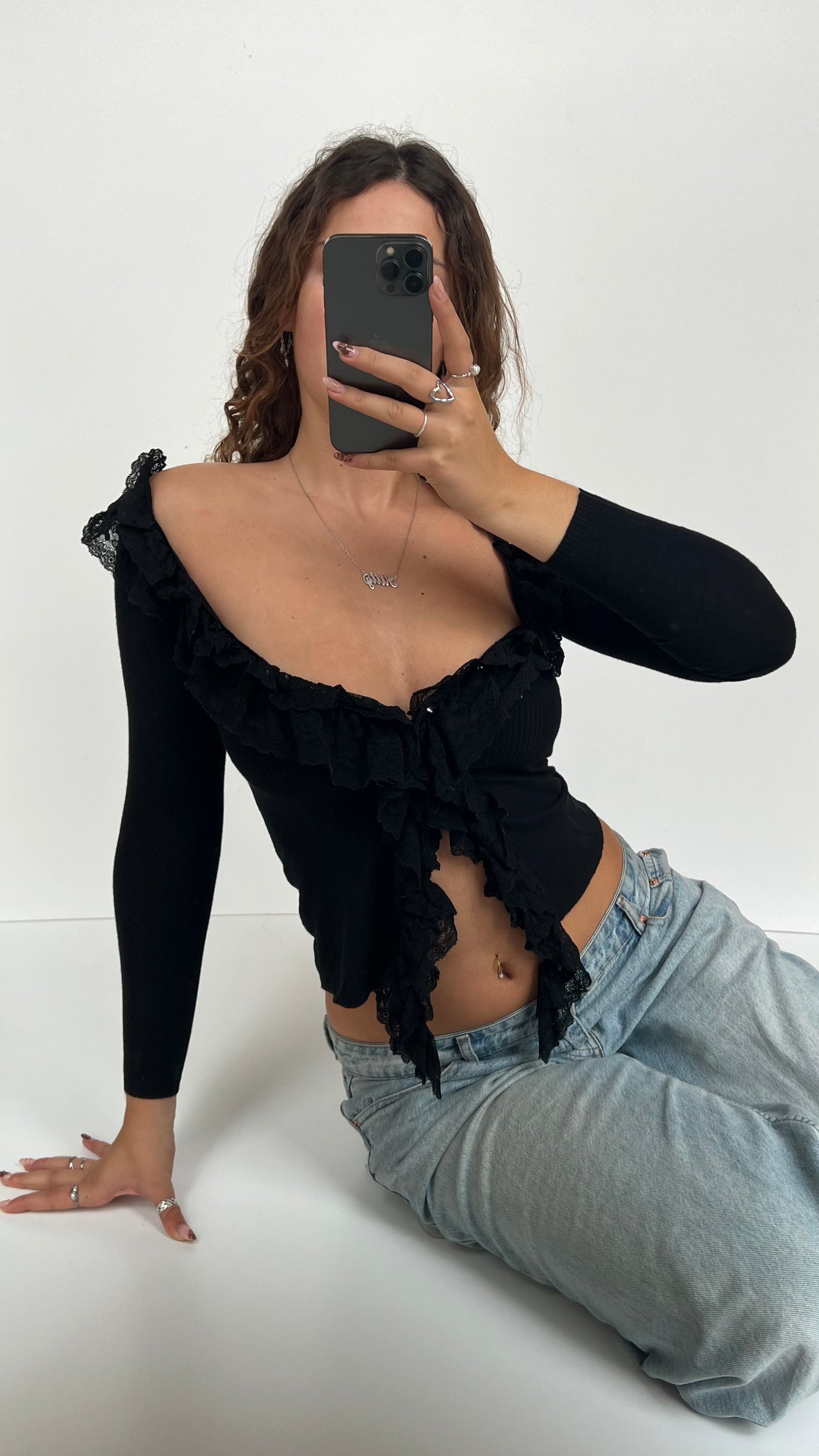 00s black lace long sleeve top- size S
